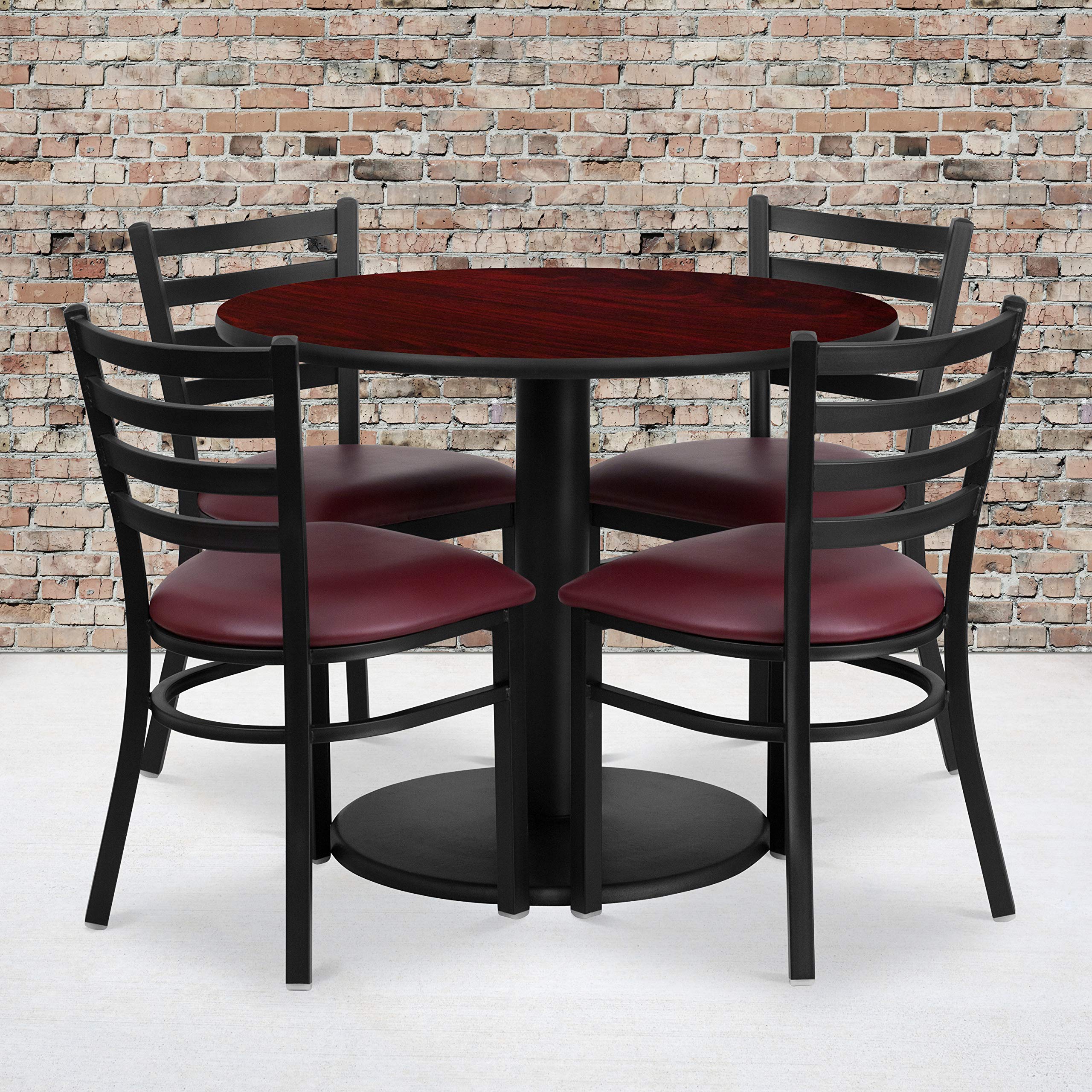 Flash Furniture 36'' Round Mahogany Laminate Table Set With Round Base And 4 Ladder Back Metal Chairs - Burgundy Vinyl Seat