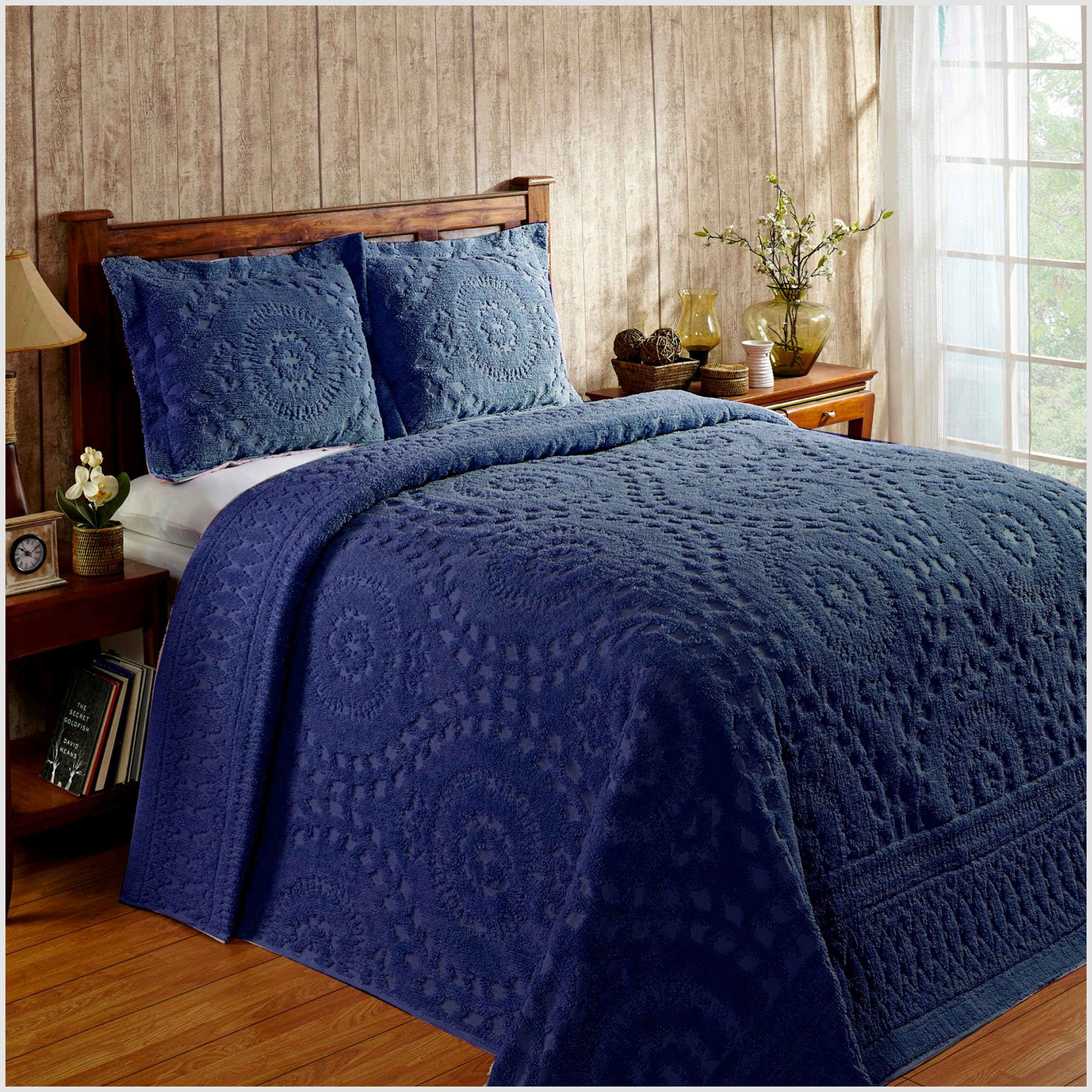 Better Trends 100% Cotton Chenille Coverlet Bedspread, Medallion Design Full/Double Size Bedspreads, 96' X 110' Navy Bedding S