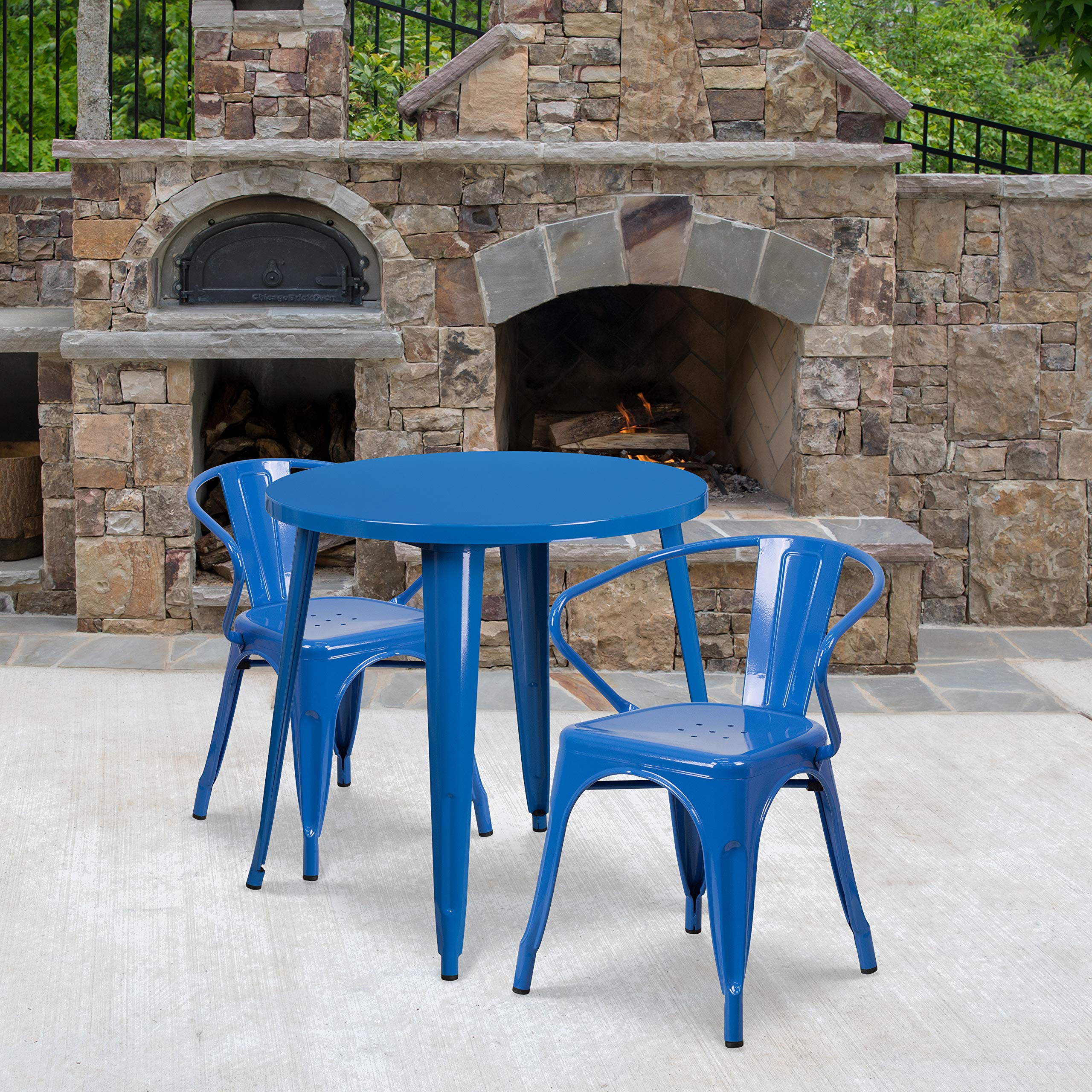 Flash Furniture Conrad Commercial Grade 30" Round Blue Metal Indoor-Outdoor Table Set with 2 Arm Chairs