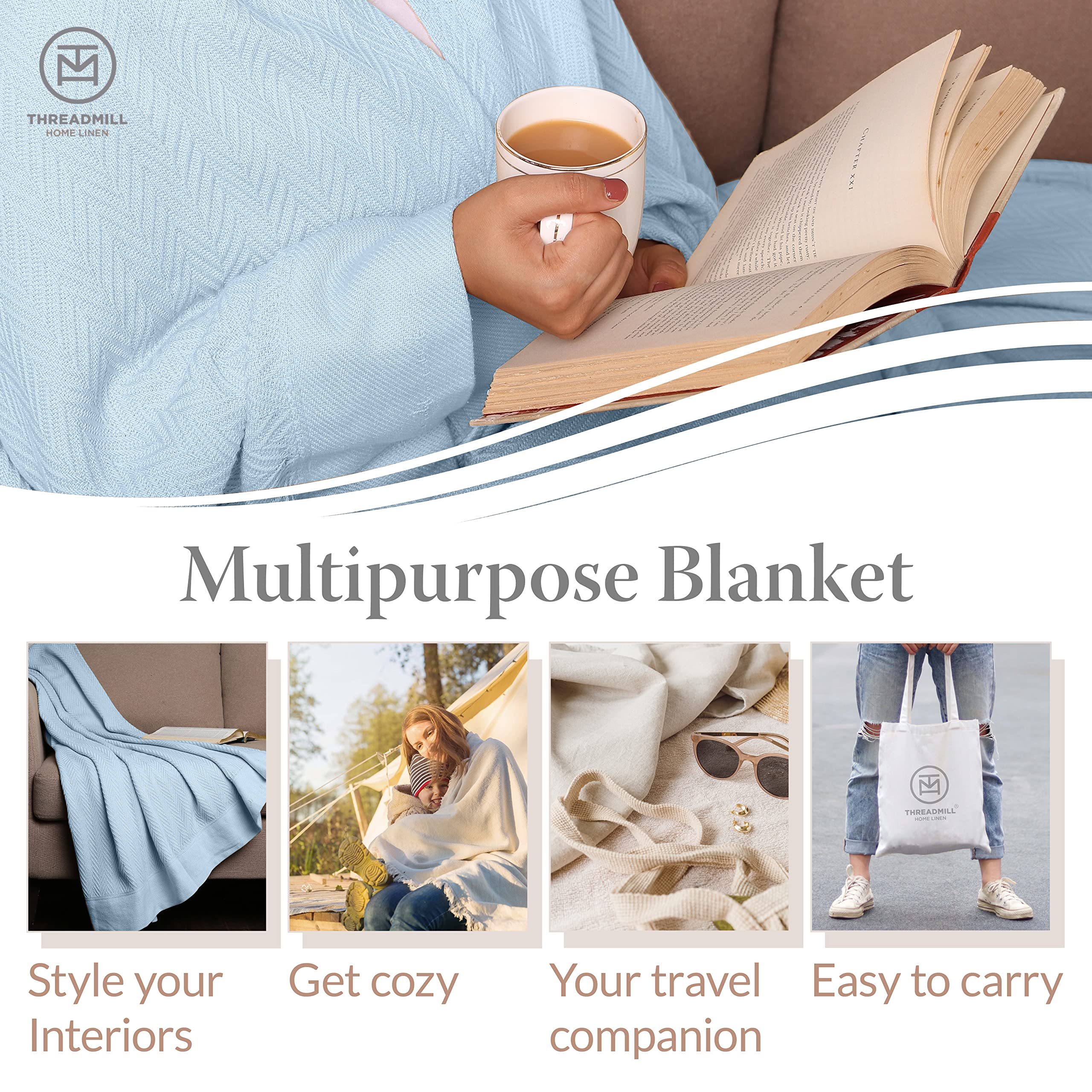 Threadmill Luxury Cotton Blankets For Queen Size Bed | All-Season 100% Cotton Queen Size Blanket | Herringbone Cozy Lightweight,