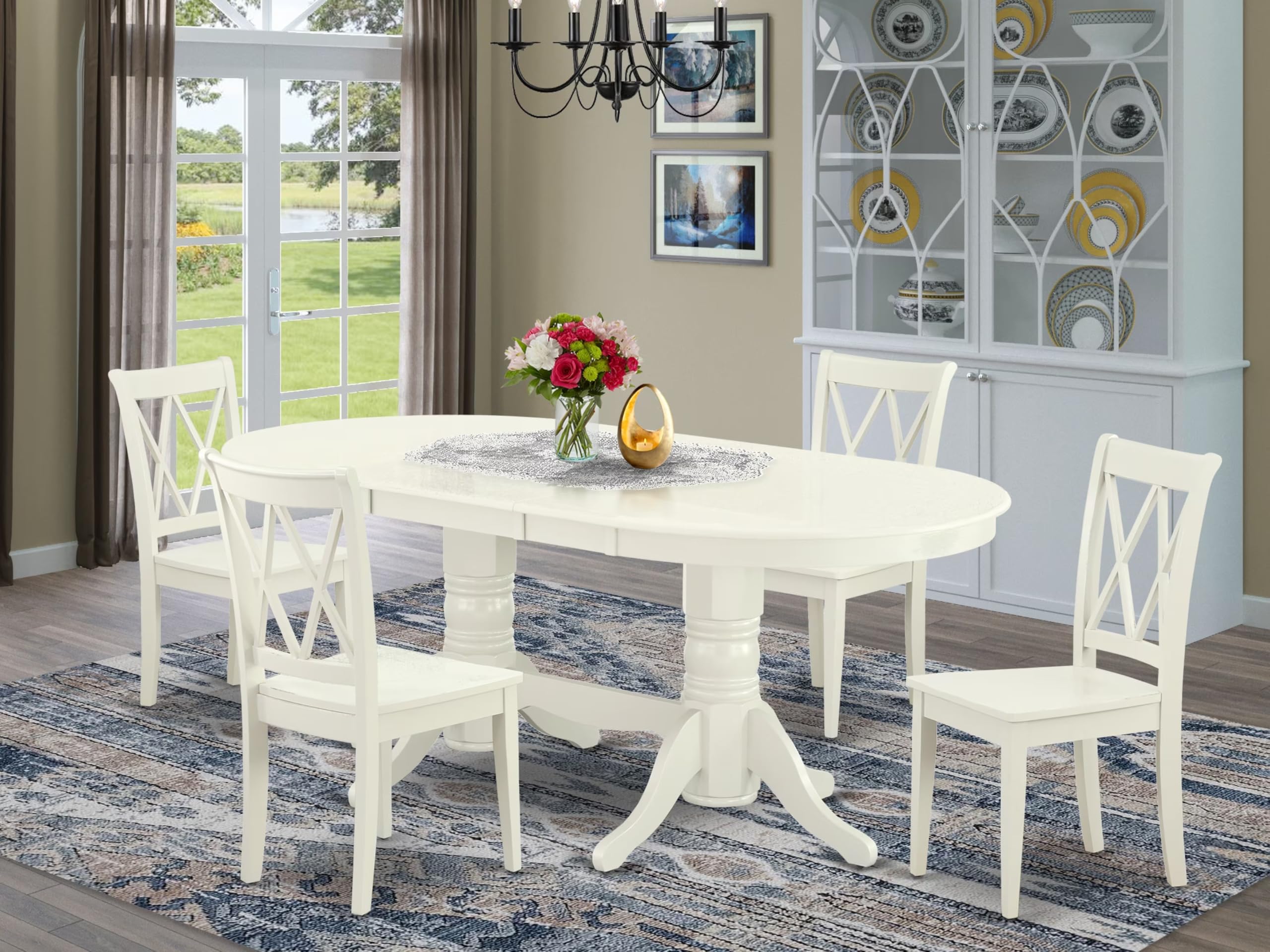 East West Furniture Vacl5-Lwh-W 5 Piece Modern Dining Table Set Includes An Oval Wooden Table With Butterfly Leaf And 4 Dining Chairs, 40X76 Inch, Linen White