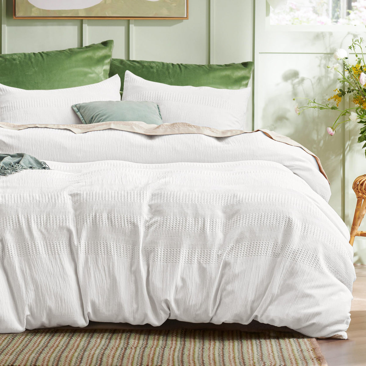 Bedsure Waffle Comforter Set Queen, White Boho Bedding For All Seasons, Faux Gauze Muslin Fabric Bed Set, 3 Pieces, 1 Comforter (90'X90') And 2 Pillow Shams (20'X26'+2')