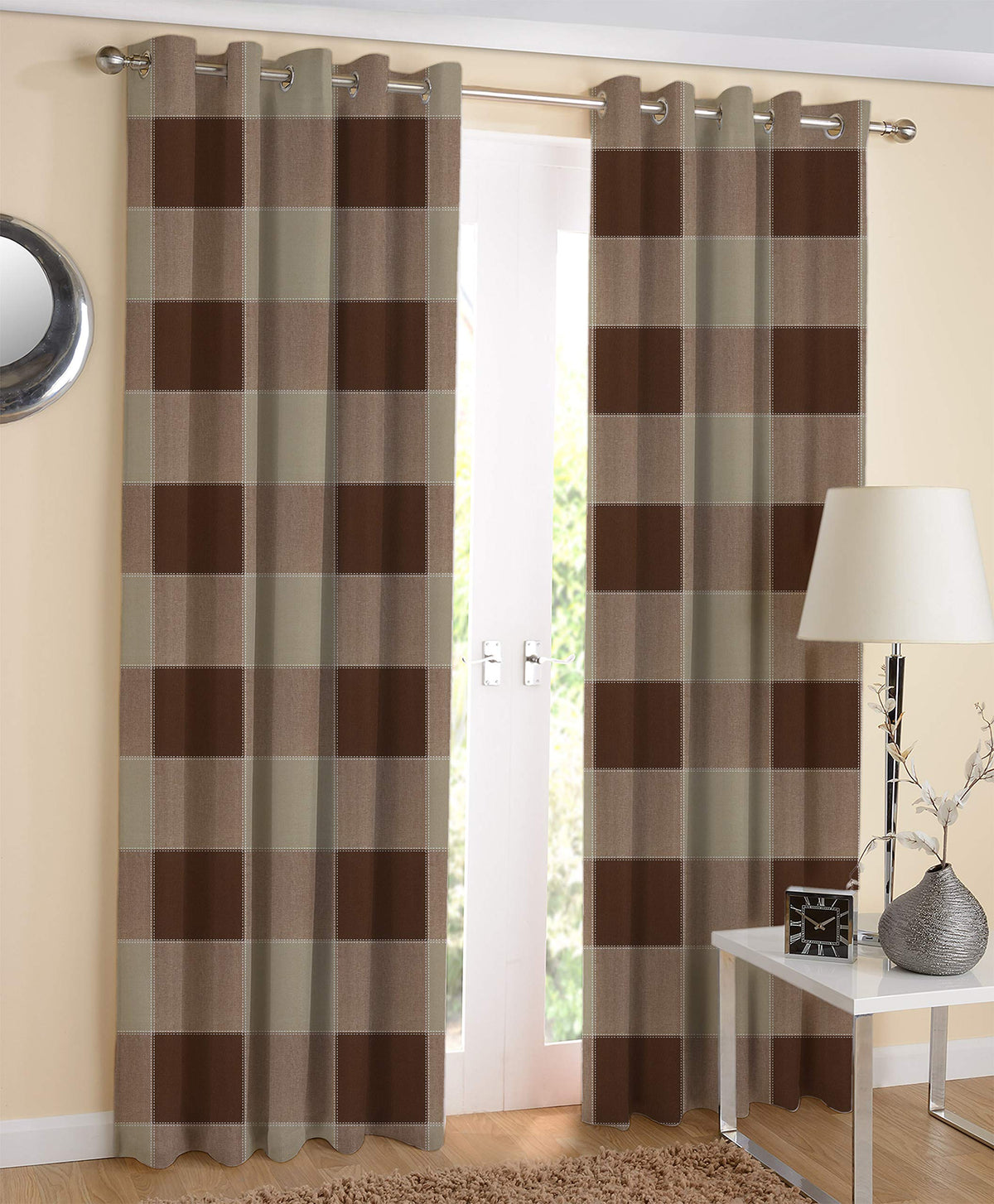Airwill Brown Checkered Pattern Cotton Window Curtains 4x5ft Pack of 2 Pieces