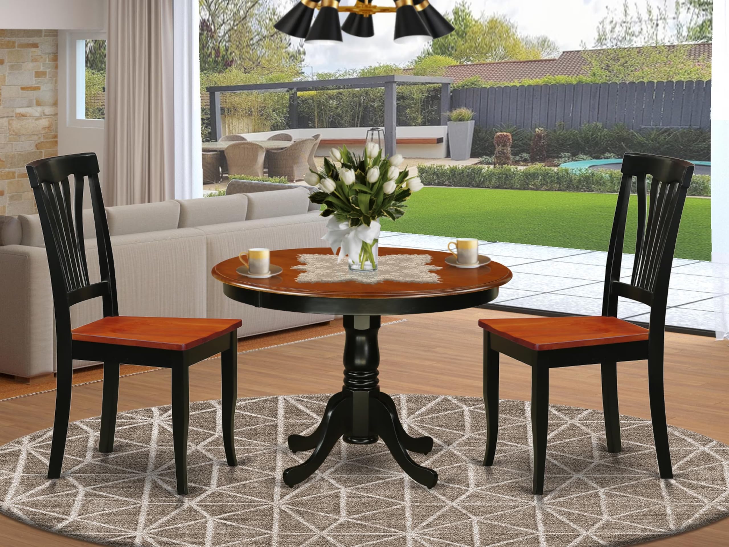 East West Furniture HLAV3-BCH-W 3 Piece Kitchen Table & Chairs Set Contains a Round Dining Table with Pedestal and 2 Dining Room Chairs, 42x42 Inch, Black & Cherry