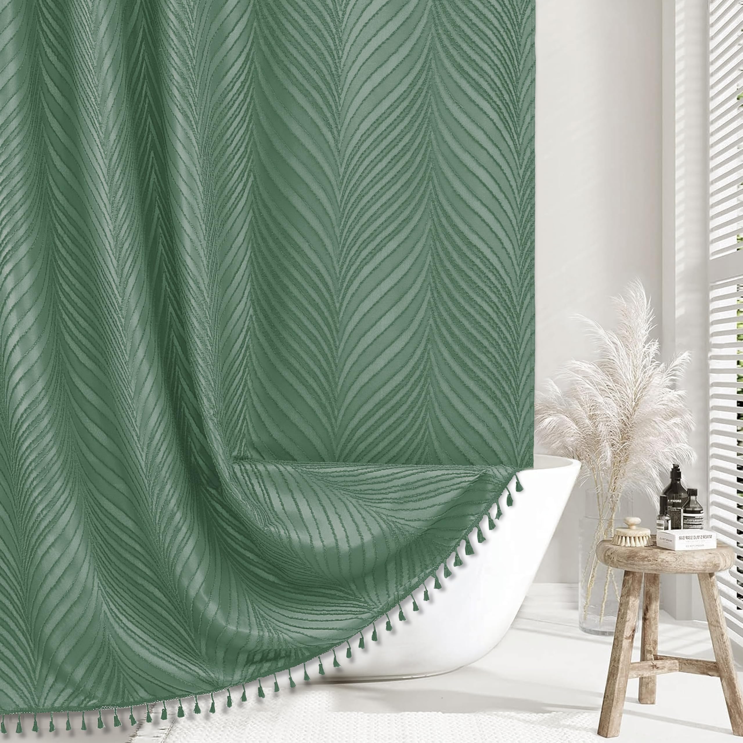 Siiluminisoy Sage Green Boho Shower Curtain Woven Fabric Cute Shower Curtain, 72 X 72 Tufted Leaves Textured Striped Modern Farm