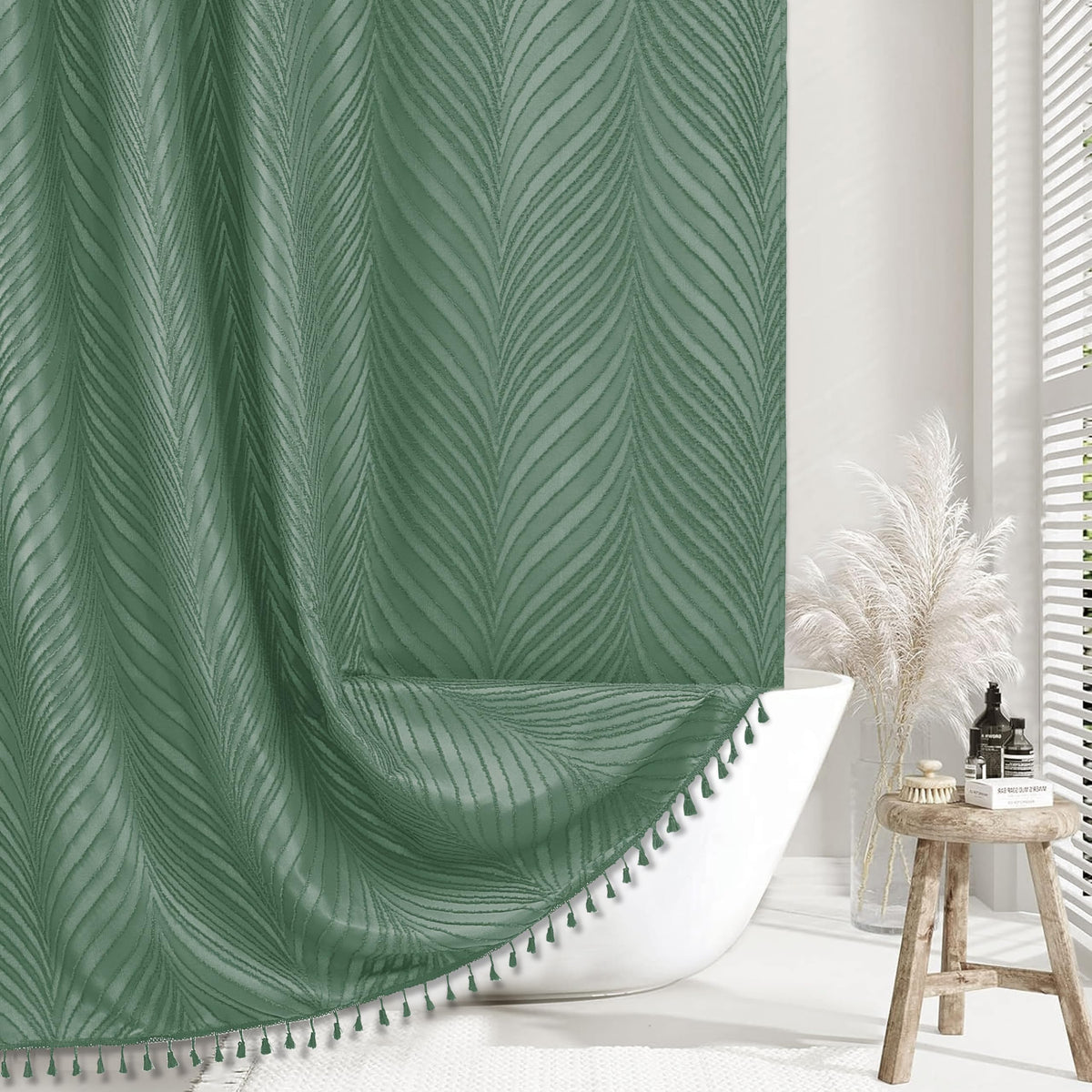 Siiluminisoy Extra Long Sage Green Boho Shower Curtain Woven Fabric Cute 84 Inch Shower Curtain, 72 X 84 Tufted Leaves Textured