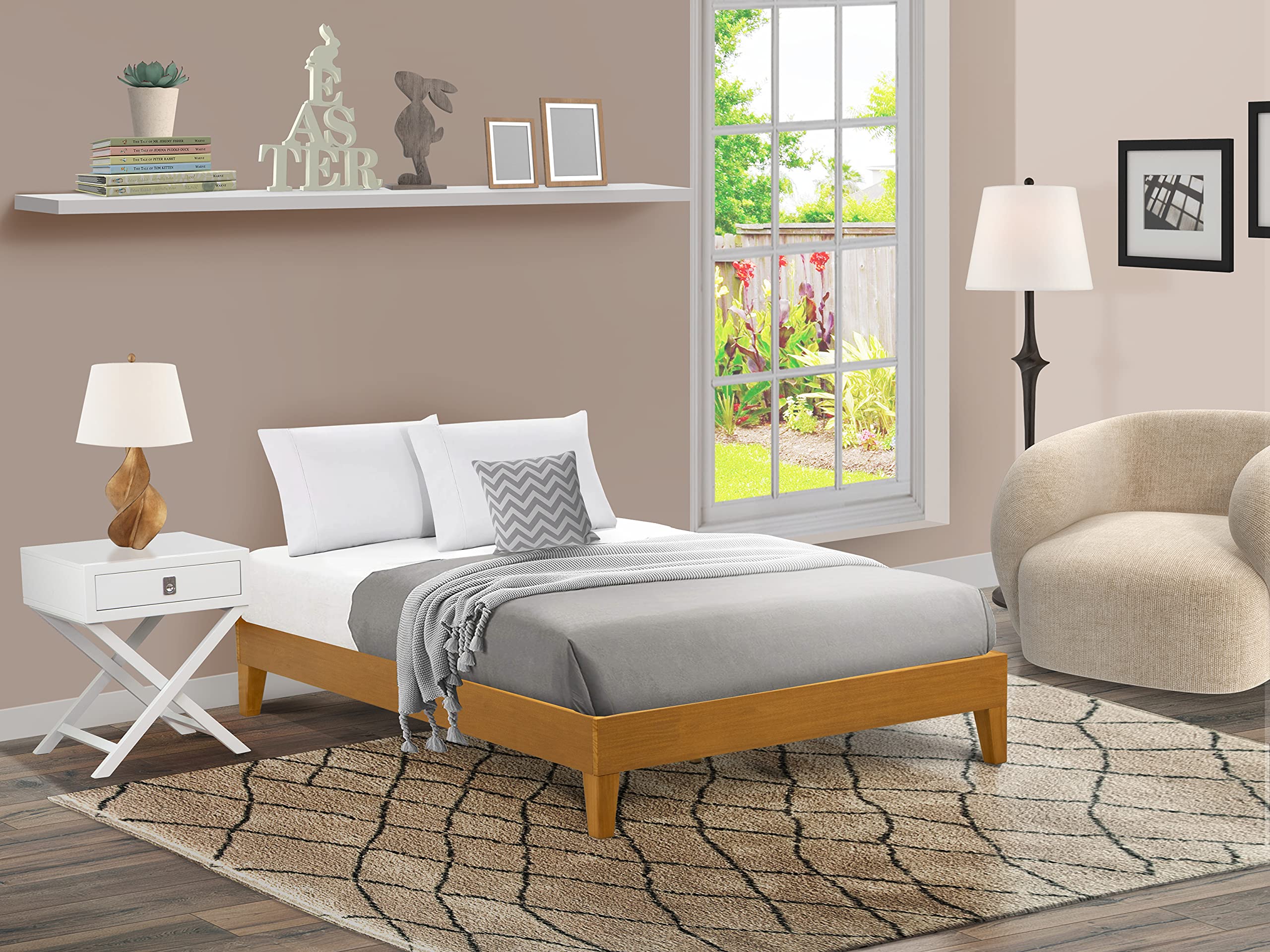 East West Furniture NVP-23-F Full Platform Bed Frame with 4 Solid Wood Legs and 2 Extra Center Legs - Oak Finish