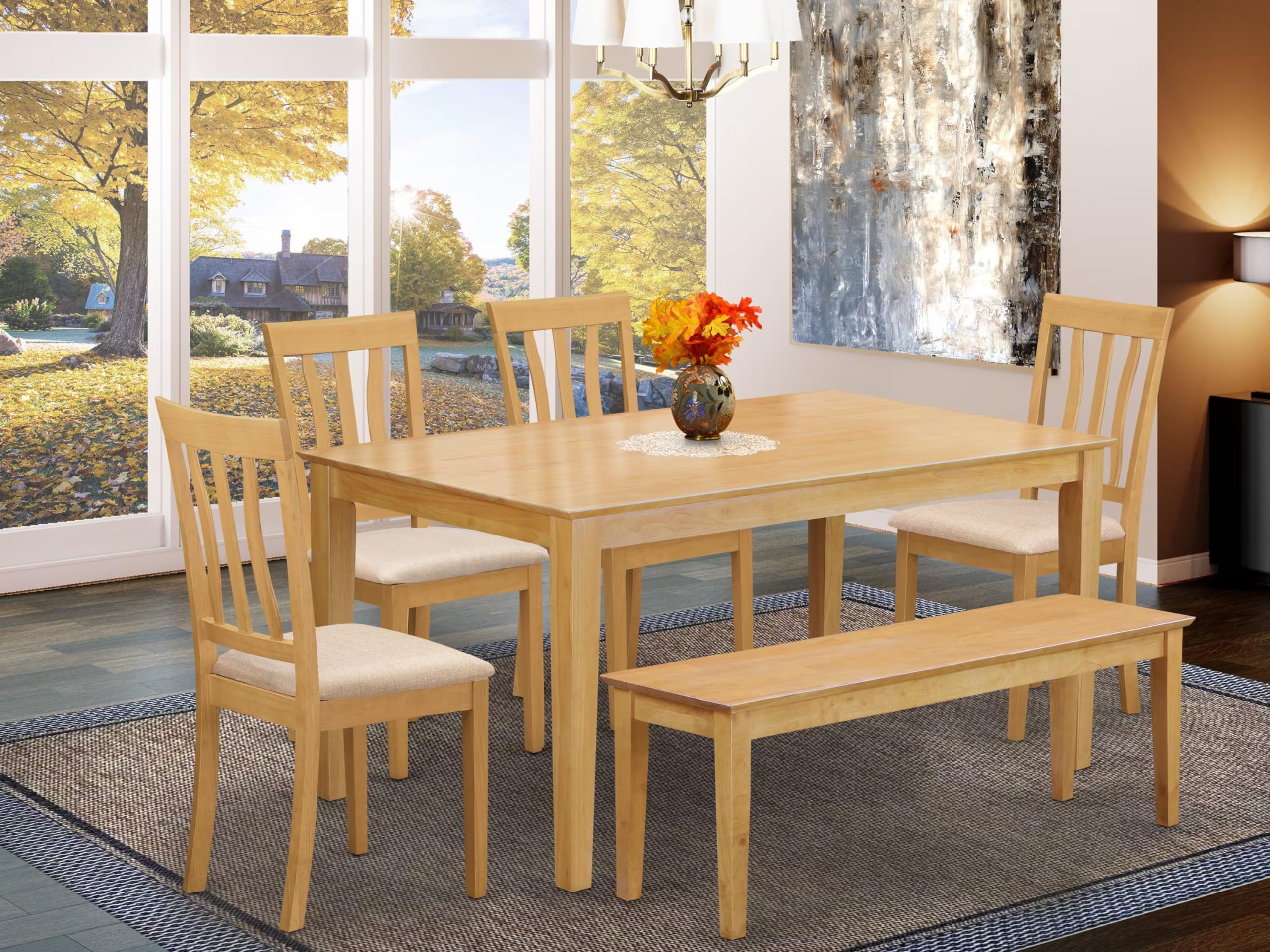 East West Furniture CAAN6-OAK-C 6 Piece Dining Table Set Contains a Rectangle Kitchen Table and 4 Linen Fabric Dining Chairs with a Bench, 36x60 Inch, Oak