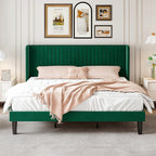 Sha Cerlin King Size Velvet Bed Frame With Vertical Channel Tufted Wingback Headboard, Upholstered Platform Bed With Wood Slats, No Box Spring Needed, Easy Assembly, Green