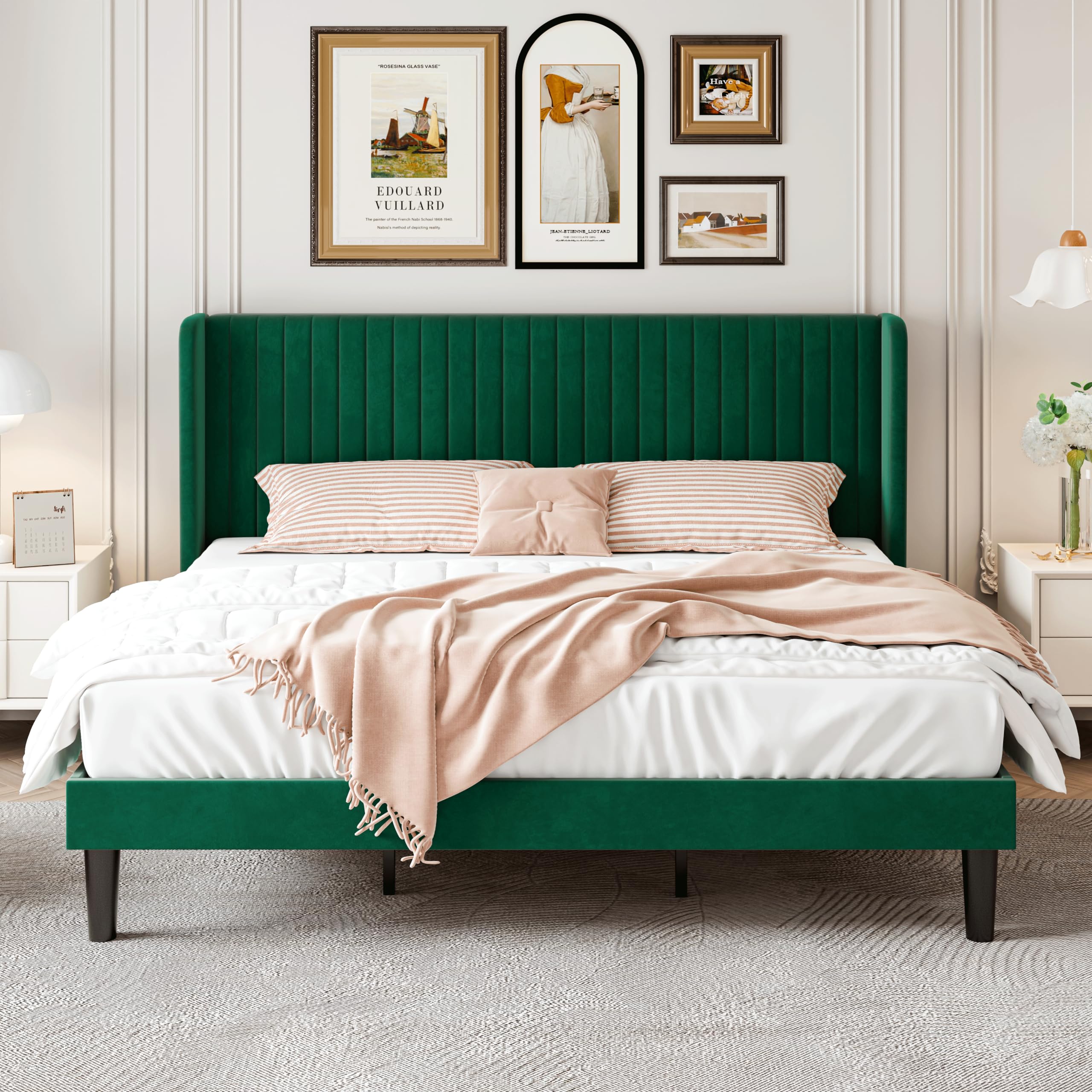 Sha Cerlin King Size Velvet Bed Frame With Vertical Channel Tufted Wingback Headboard, Upholstered Platform Bed With Wood Slats, No Box Spring Needed, Easy Assembly, Green