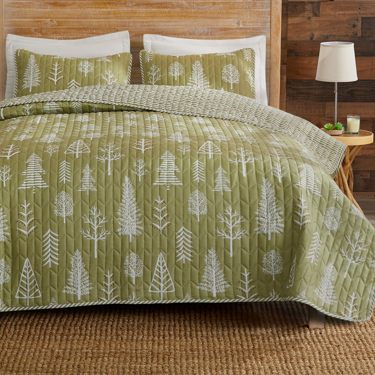 Great Bay Home Twin/Twin Xl Reversible Rustic Lodge Sage And Red Bedspread Quilt With Sham - All Season Cabin Forest Coverlet Be