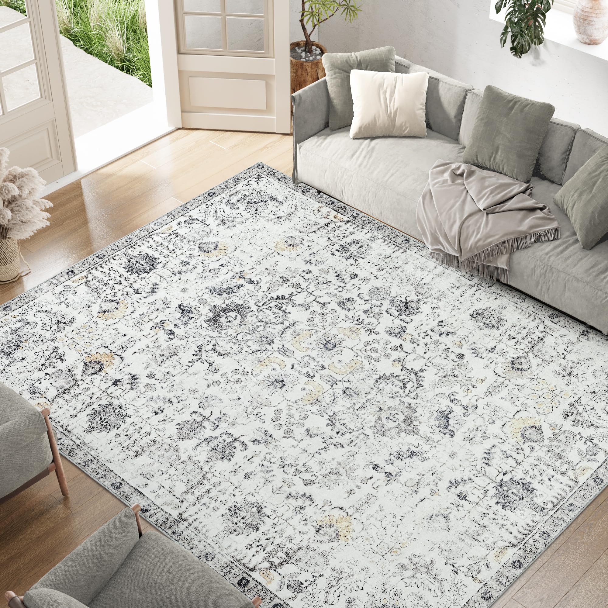 jinchan Area Rug 6x9 Washable Living Room Rug Soft Vintage Indoor Thin Retro Distressed Floor Cover Grey Floral Country Boho Rug