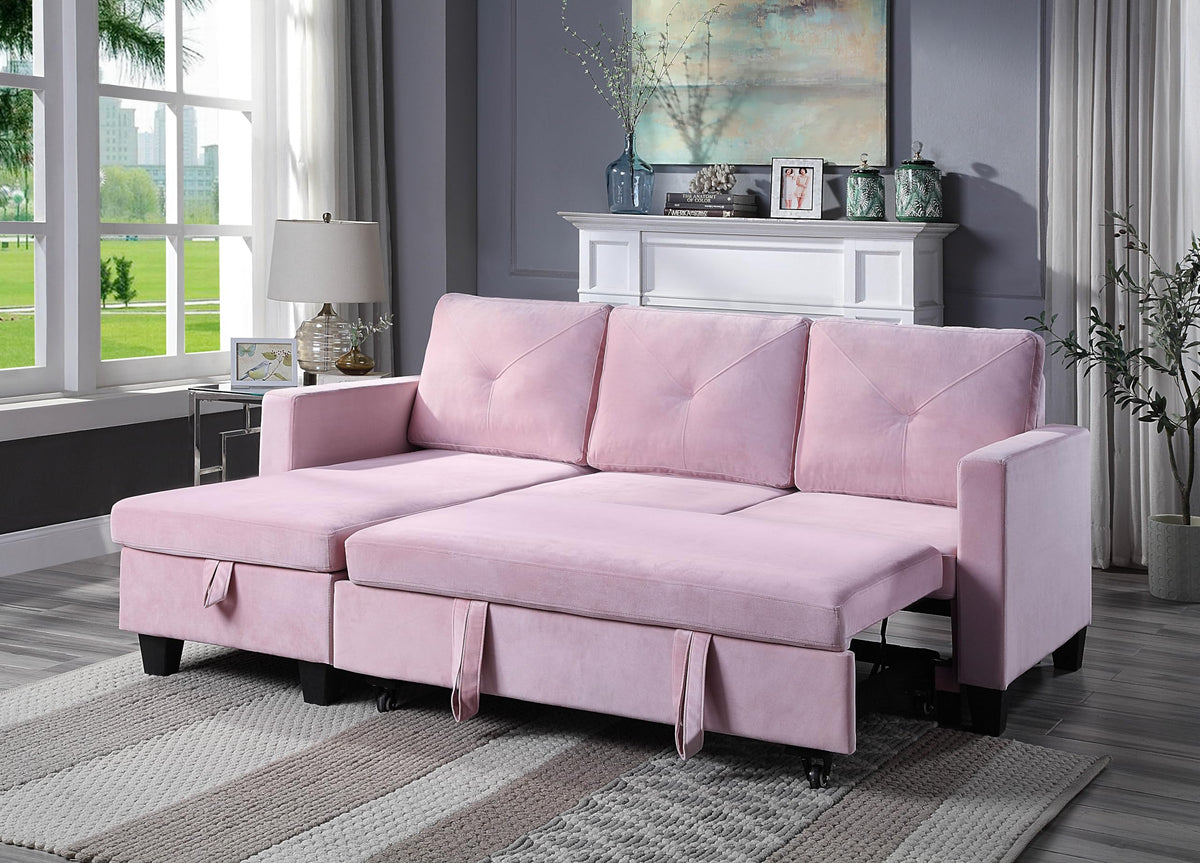 Lilola Home Nova 82.5" W Pink Velvet Reversible Sleeper Sectional Sofa with Storage Chaise