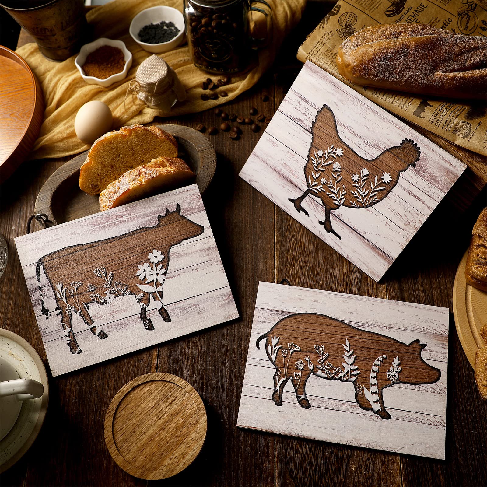 Jetec 3 Pieces Farmhouse Kitchen Signs Cow Rooster And Pig Decors 7.9 X 5.9 Inch Rustic Wooden Signs Country Wall Decorations Fo