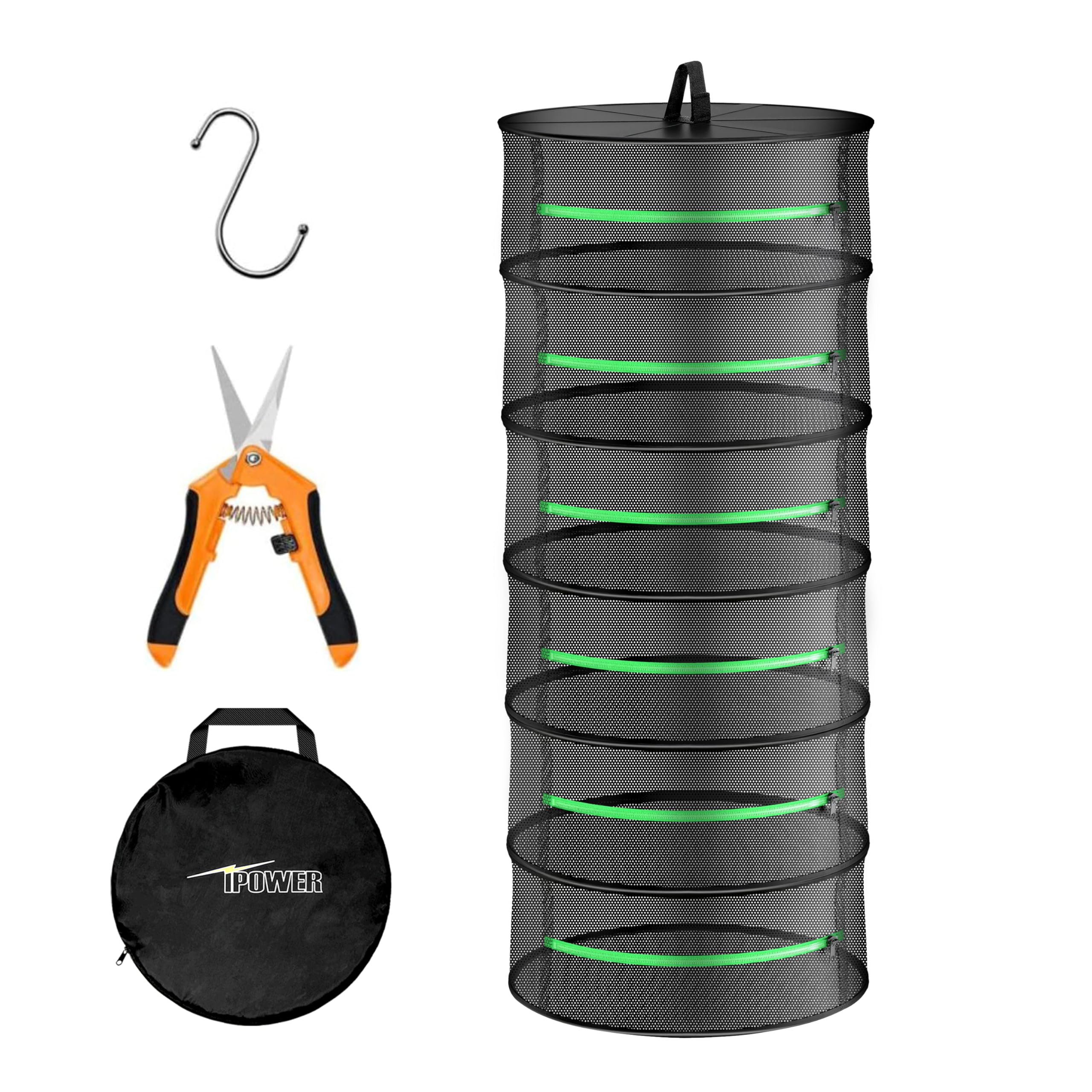 Ipower Herb Drying Rack 6-Layer Zippered Mesh Hanging Basket Dryer Net With Garden Pruning Shear, Storage Pouch And Hook For Hyd