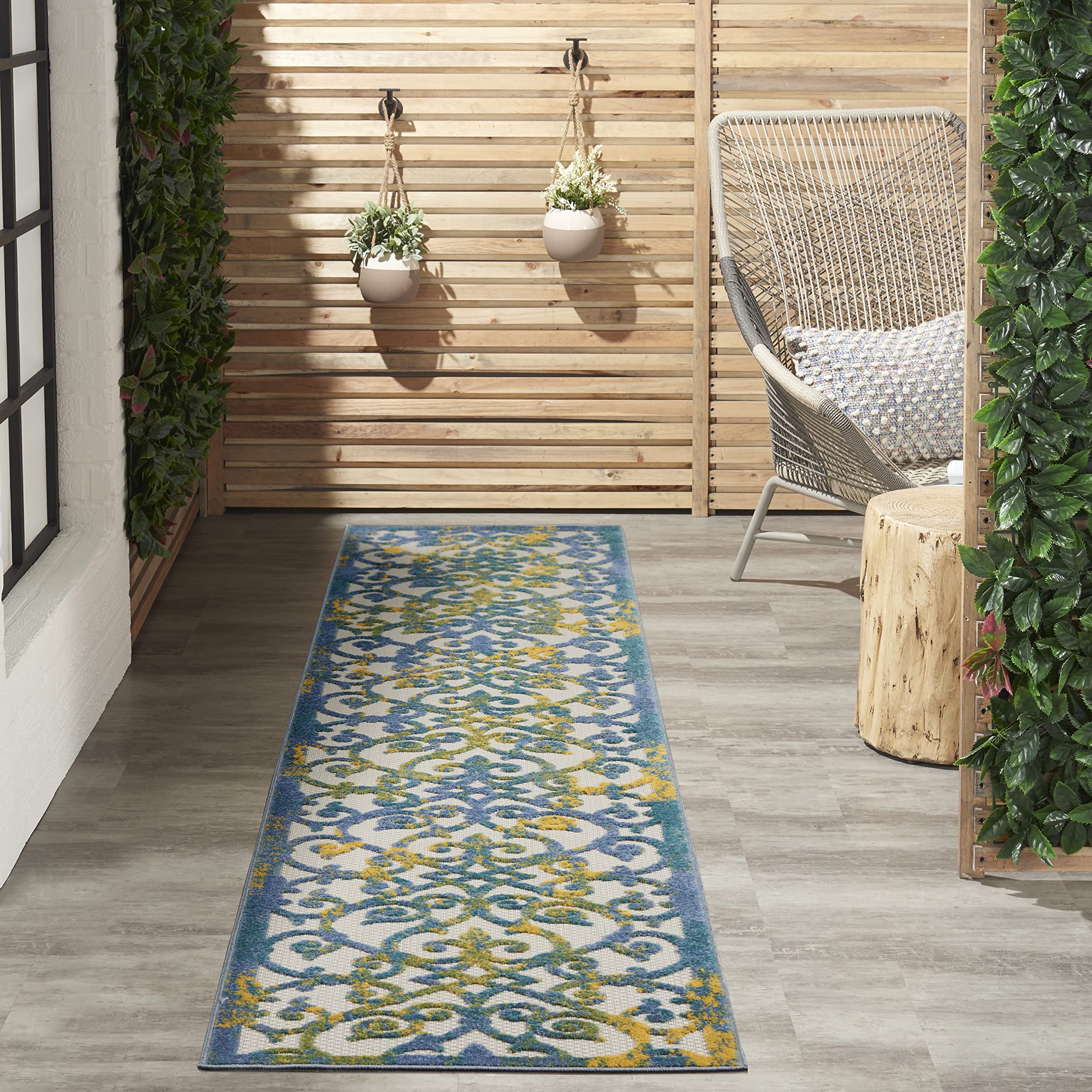 Nourison Aloha Indoor/Outdoor Ivory Blue 2'3' X 10' Area Rug, Transitional, French Country, Easy Cleaning, Non Shedding, Bed Ro