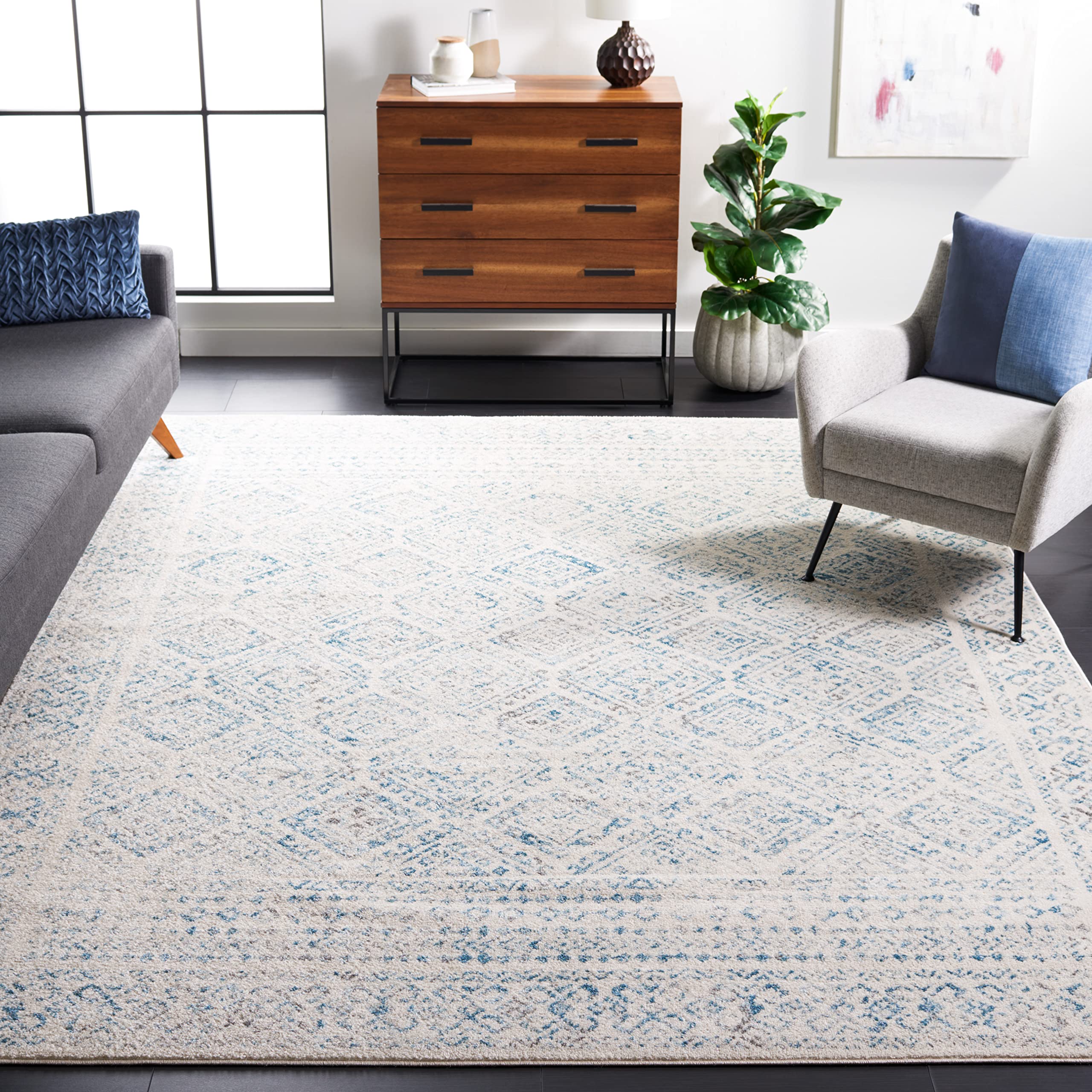 SAFAVIEH Tulum Collection Area Rug - 67 Square, Ivory & Turquoise, Moroccan Boho Distressed Design, Non-Shedding & Easy Care, I