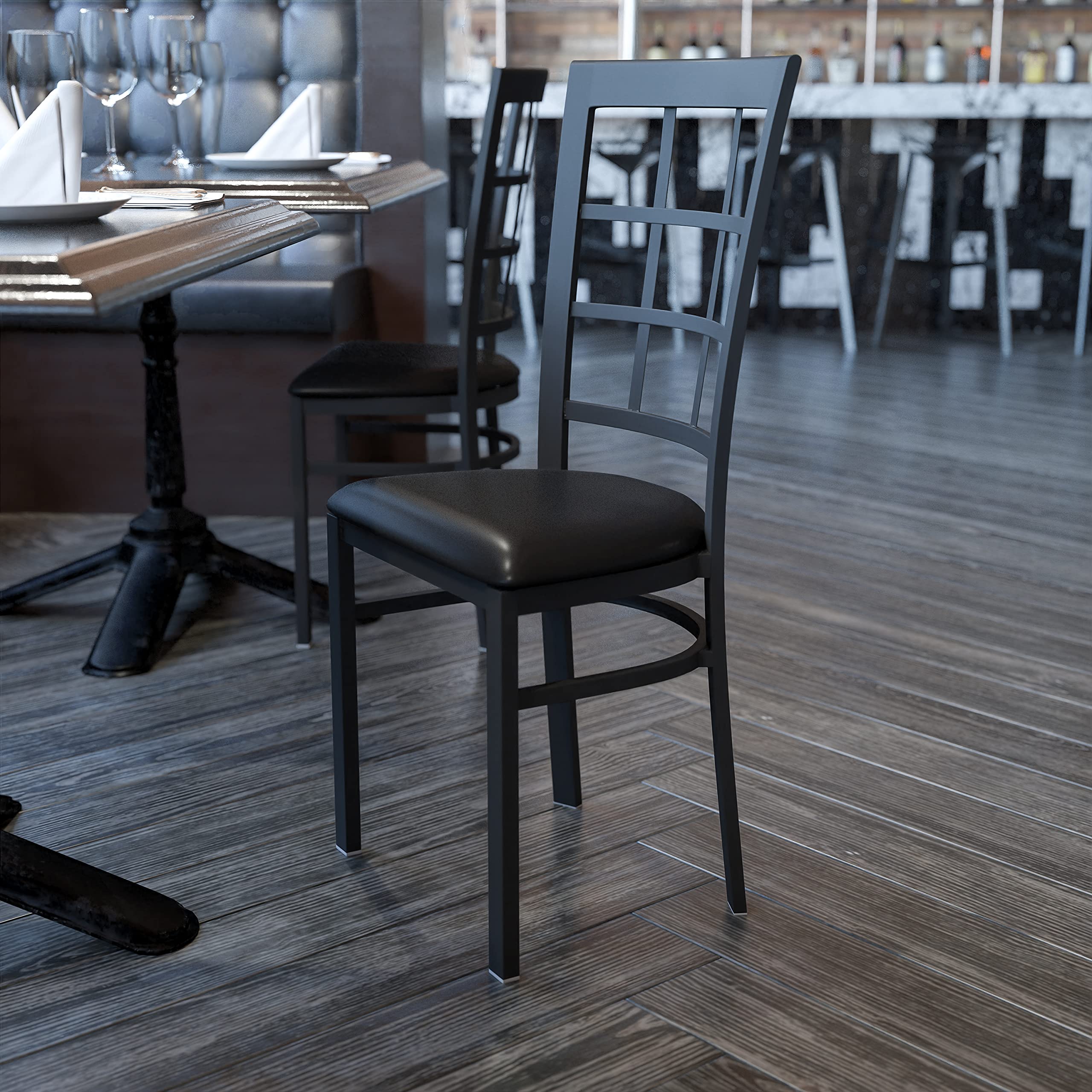 Flash Furniture Hercules Series Window Back Metal Restaurant Chair, Modern Upholstered Armless Dining Chair for Restaurants and Kitchens, Black