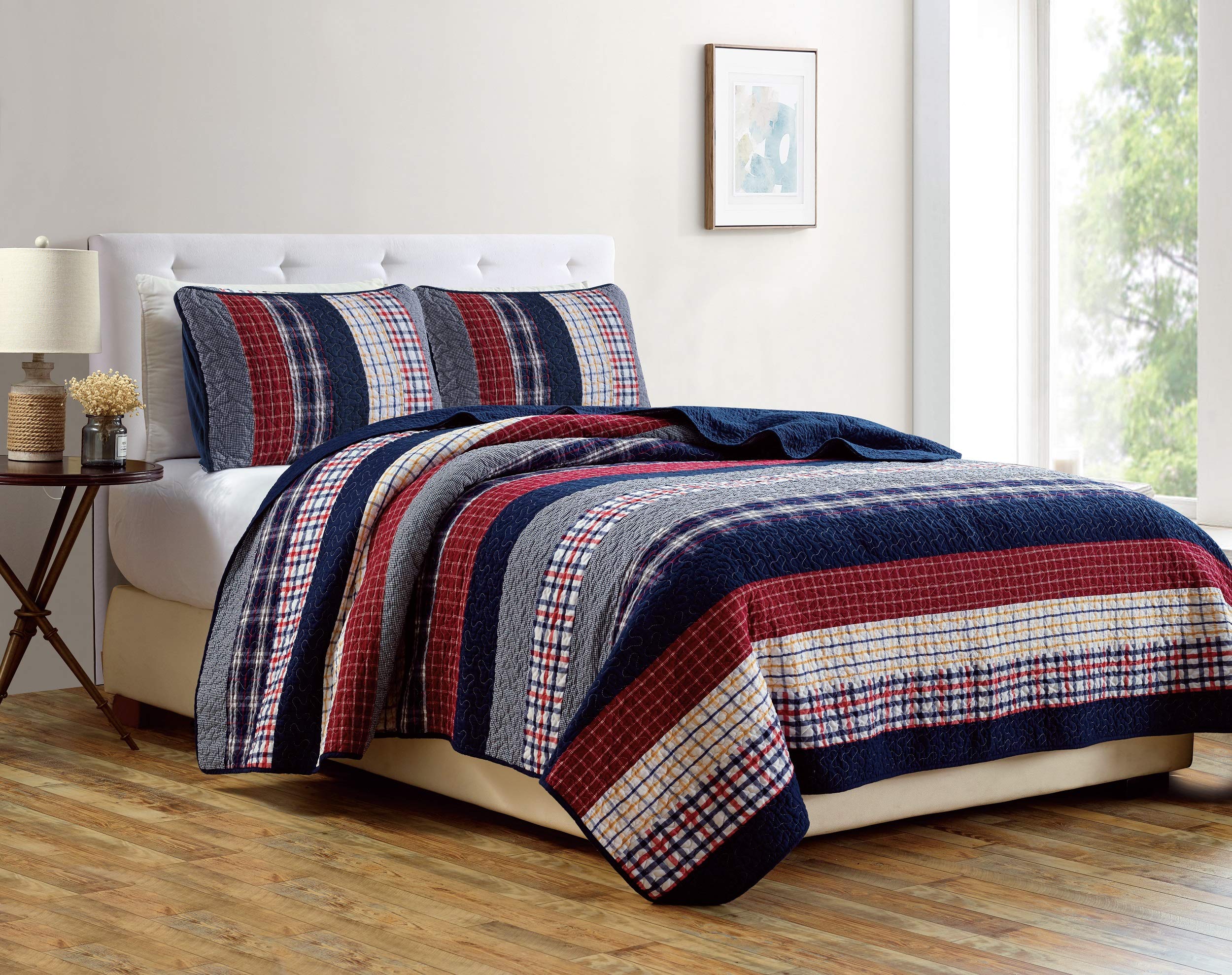 Chezmoi Collection Milton 3-Piece Plaid Checkered Patchwork Striped Quilted 100% Washed Cotton Reversible Bedspread Quilt Set, T