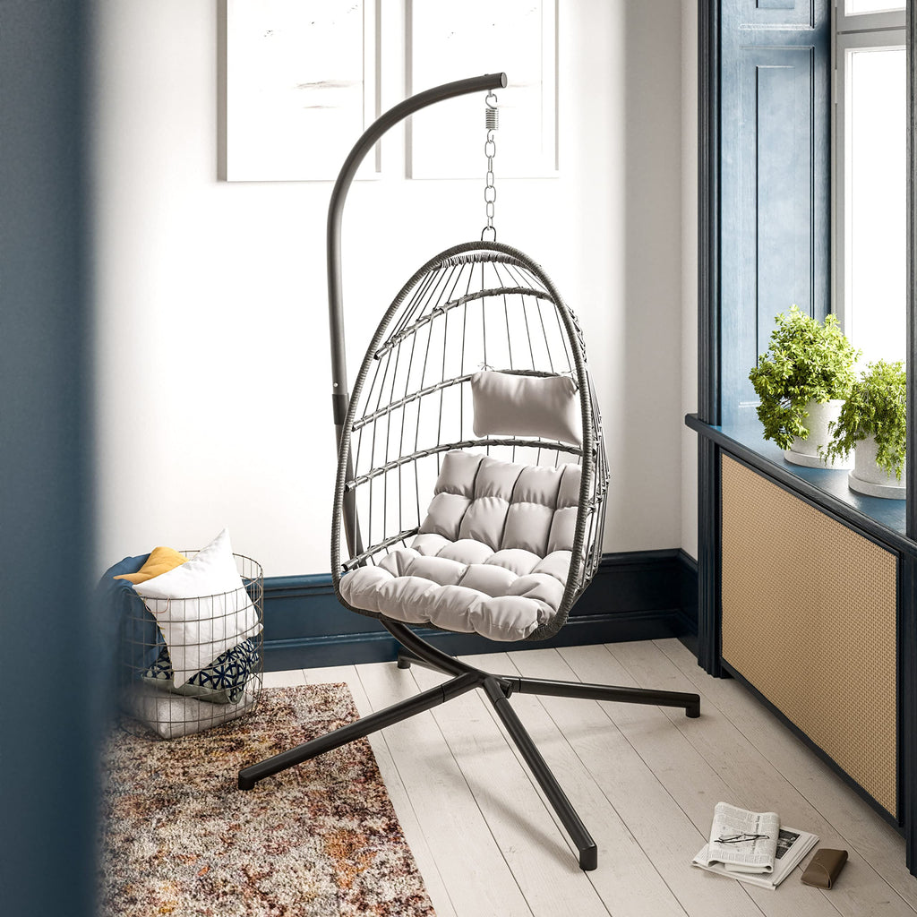 Flash Furniture Cleo Indoor/Outdoor Patio Hanging Egg Chair - Gray Frame With Gray Seat Cushions - Black Powder Coated C-Style Stand - Hanging Hardware Included