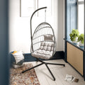Flash Furniture Cleo Indoor/Outdoor Patio Hanging Egg Chair - Gray Frame With Gray Seat Cushions - Black Powder Coated C-Style Stand - Hanging Hardware Included