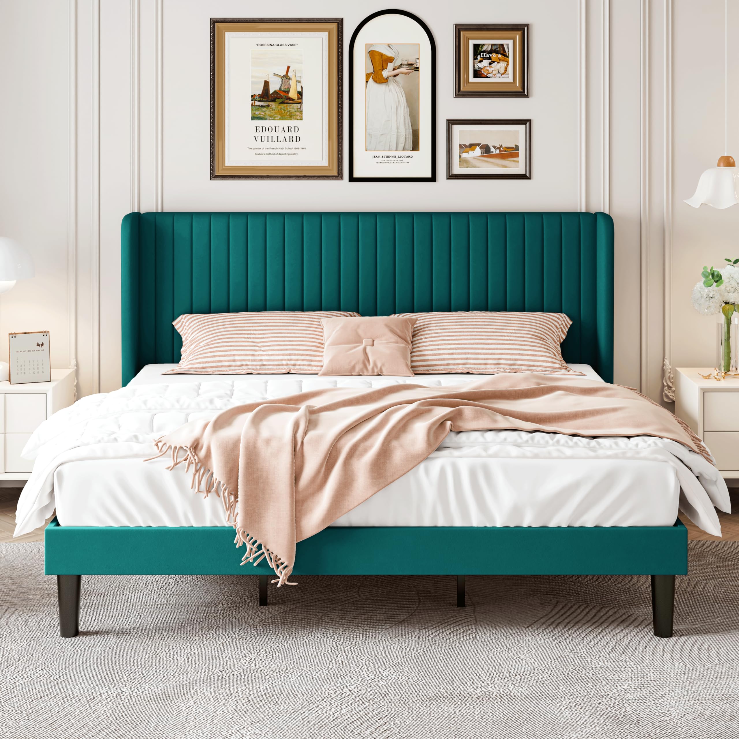 Sha Cerlin King Size Velvet Bed Frame With Vertical Channel Tufted Wingback Headboard, Upholstered Platform Bed With Wood Slats, No Box Spring Needed, Easy Assembly, Teal