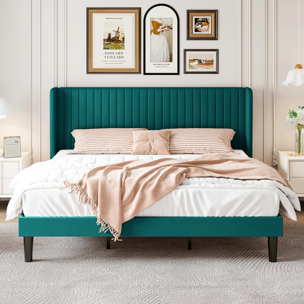 Sha Cerlin King Size Velvet Bed Frame With Vertical Channel Tufted Wingback Headboard, Upholstered Platform Bed With Wood Slats, No Box Spring Needed, Easy Assembly, Teal