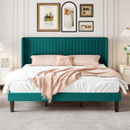 Sha Cerlin King Size Velvet Bed Frame With Vertical Channel Tufted Wingback Headboard, Upholstered Platform Bed With Wood Slats, No Box Spring Needed, Easy Assembly, Teal
