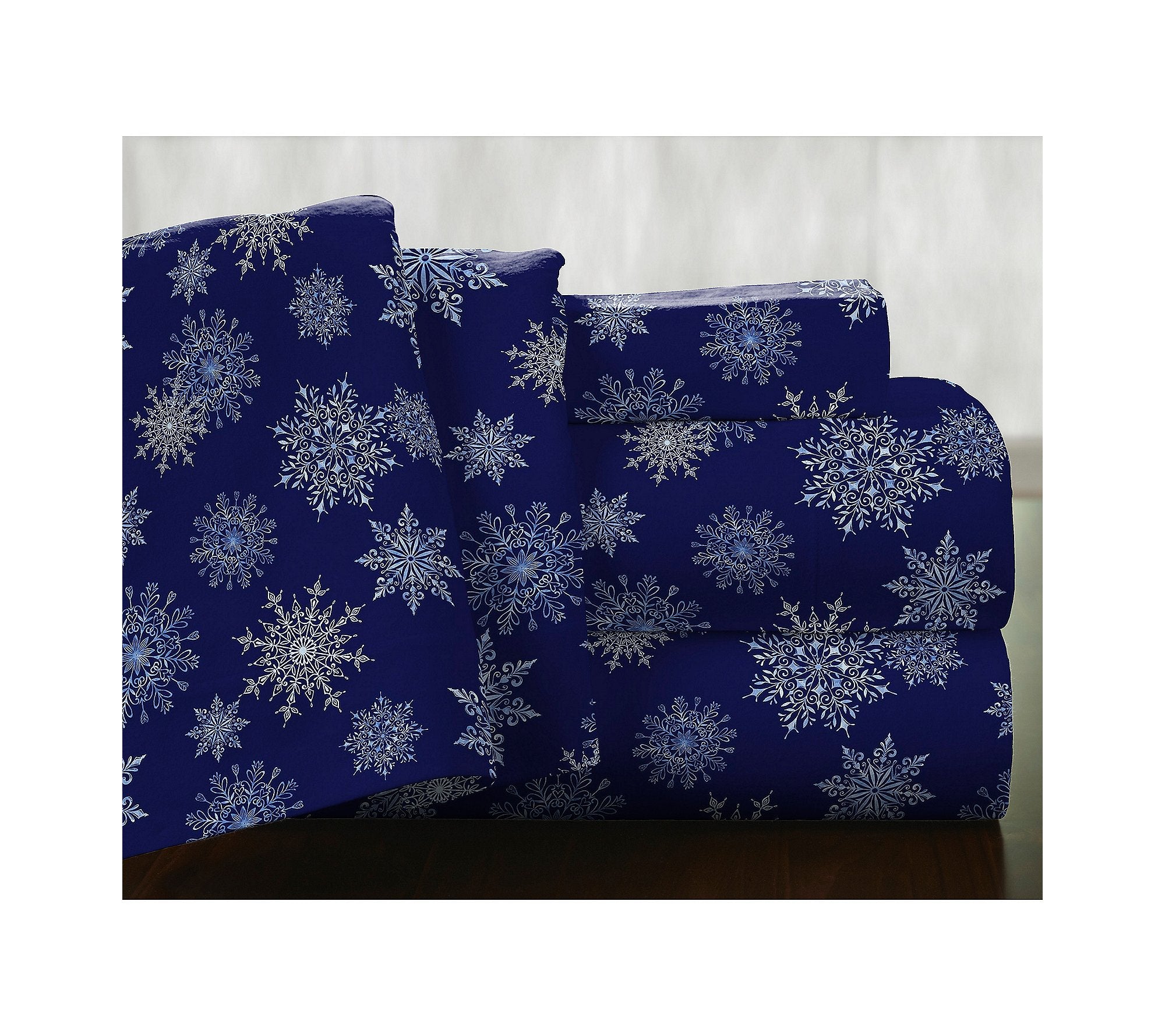 Pointehaven Flannel Deep Pocket Set With Oversized Flat Sheet, King, Snow Flakes Navy