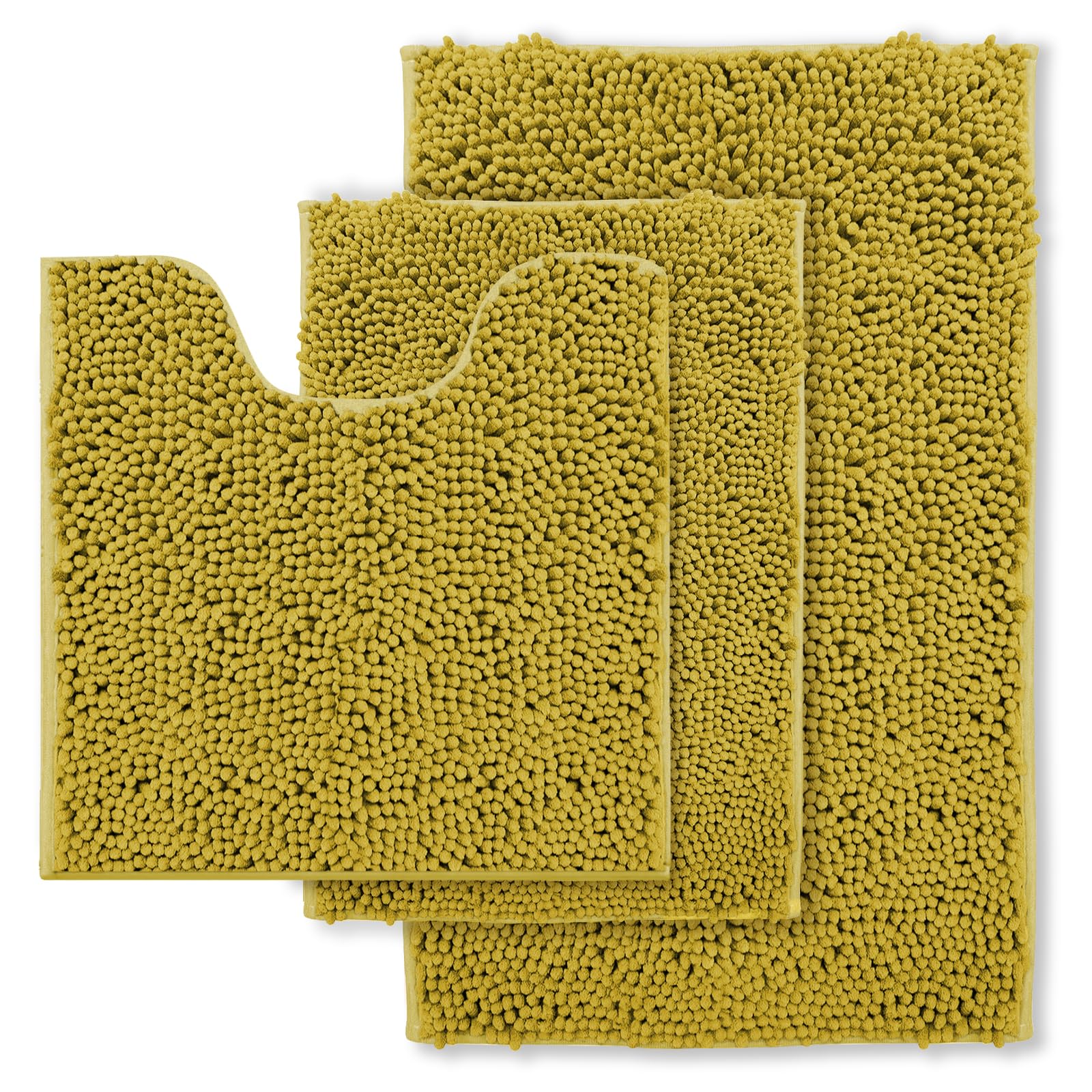 Gold Bathroom Rugs Sets 3 Piece Extra Soft Chenille Bathroom Mats Non Slip Bath Mat Set,Absorbent Shaggy Rugs Perfect Plush Bath