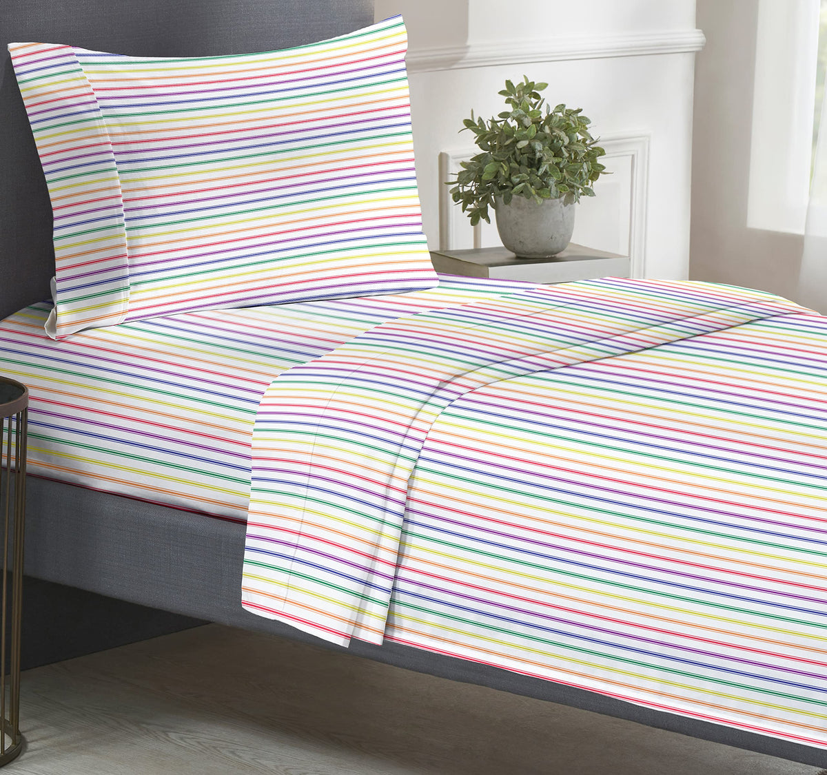 California Design Den Rainbow Stripe Twin Sheets Set, 100% Cotton Sheets, Luxury 400 Thread Count Sateen (Rainbow Striped Sheets