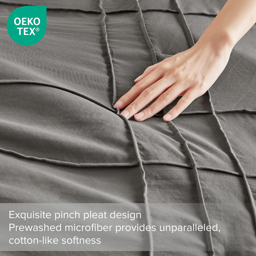 Comfort Spaces Grey Full Size Duvet Cover Set - 3-Pc Pintuck Pleated Duvet Cover Full, All Season Lightweight, Extra Softness Pre-Washed Microfiber Full Bed Cover Shams, Full