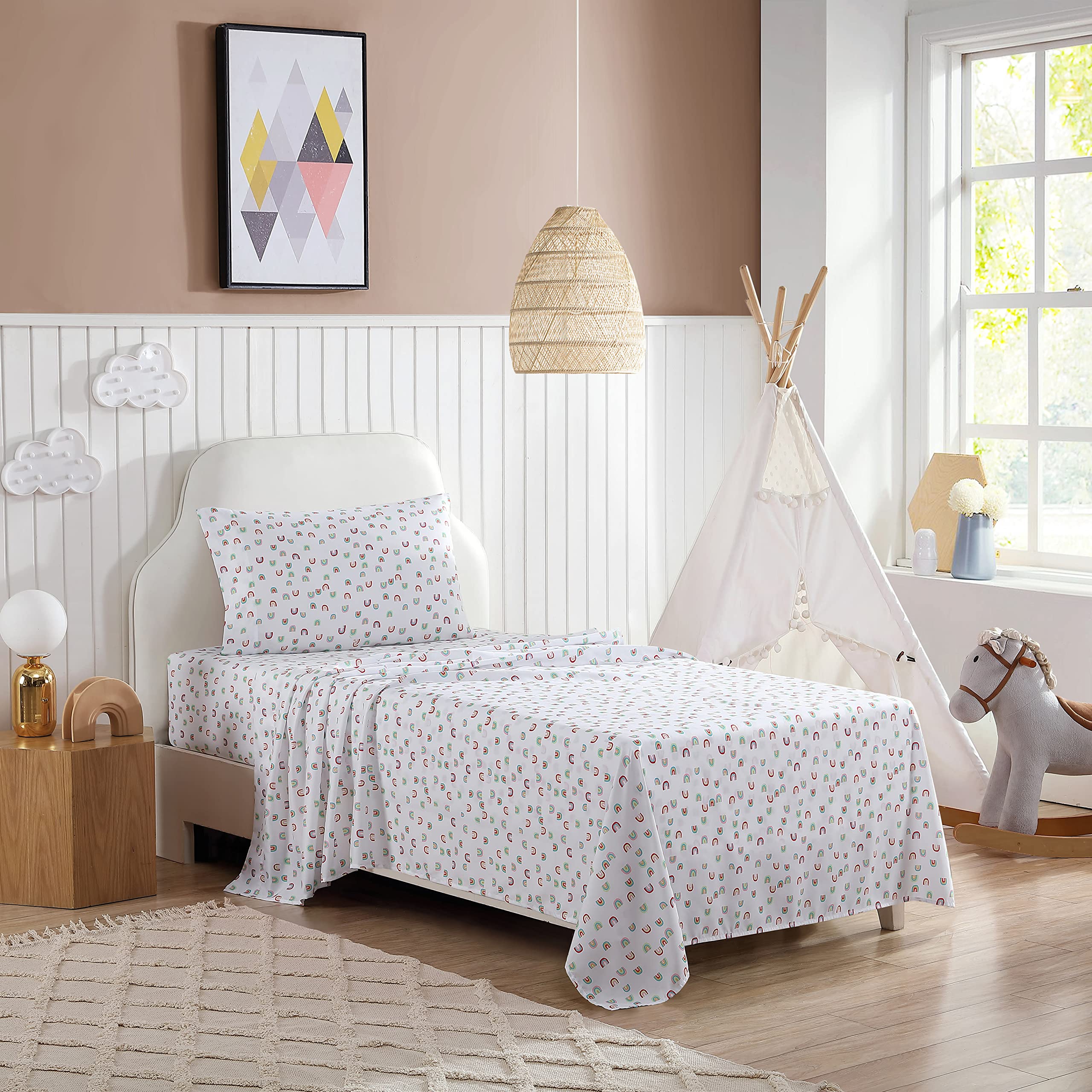 Eddie Bauer Kids - Twin Sheets, Stain Resistant Kids Bedding, Ideal for Toddler Bedding Set (Sunnyvale Rainbow White, Twin)