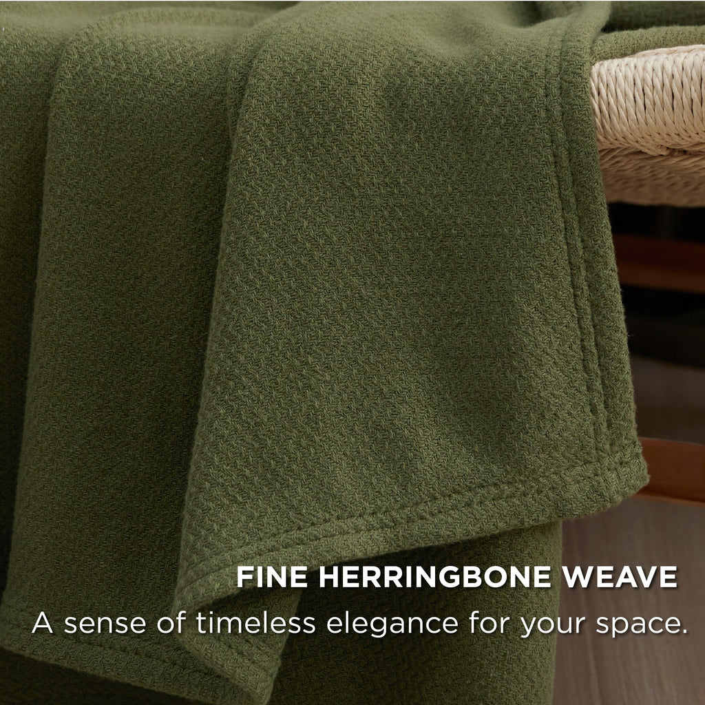 Bedsure 100% Cotton Blanket Queen Size For Bed - Breathable And Lightweight, Soft Cozy Textured Herringbone Woven Blanket For Summer Spring, Olive Green, 90X90 Inches