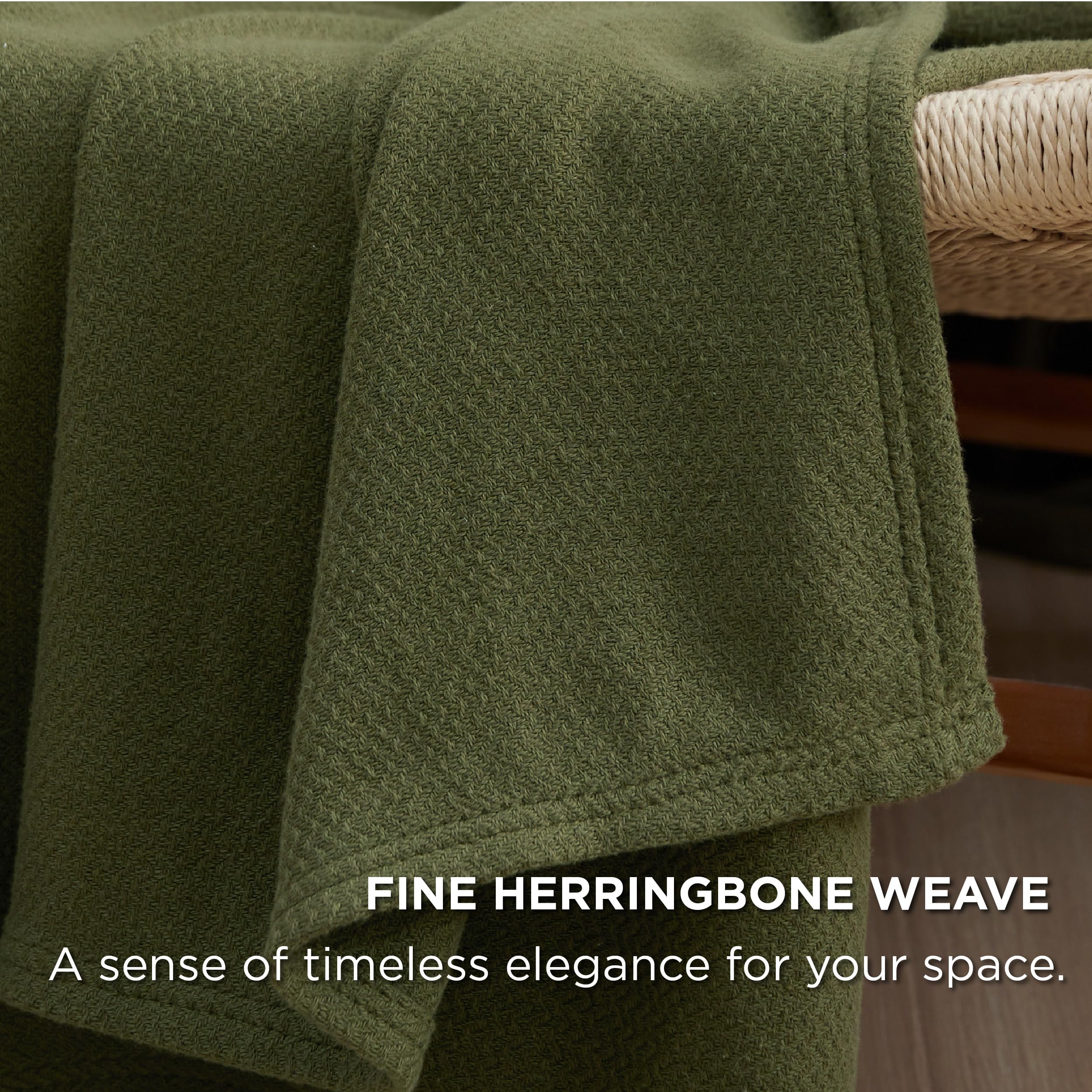 Bedsure 100% Cotton Blanket Queen Size For Bed - Breathable And Lightweight, Soft Cozy Textured Herringbone Woven Blanket For Summer Spring, Olive Green, 90X90 Inches