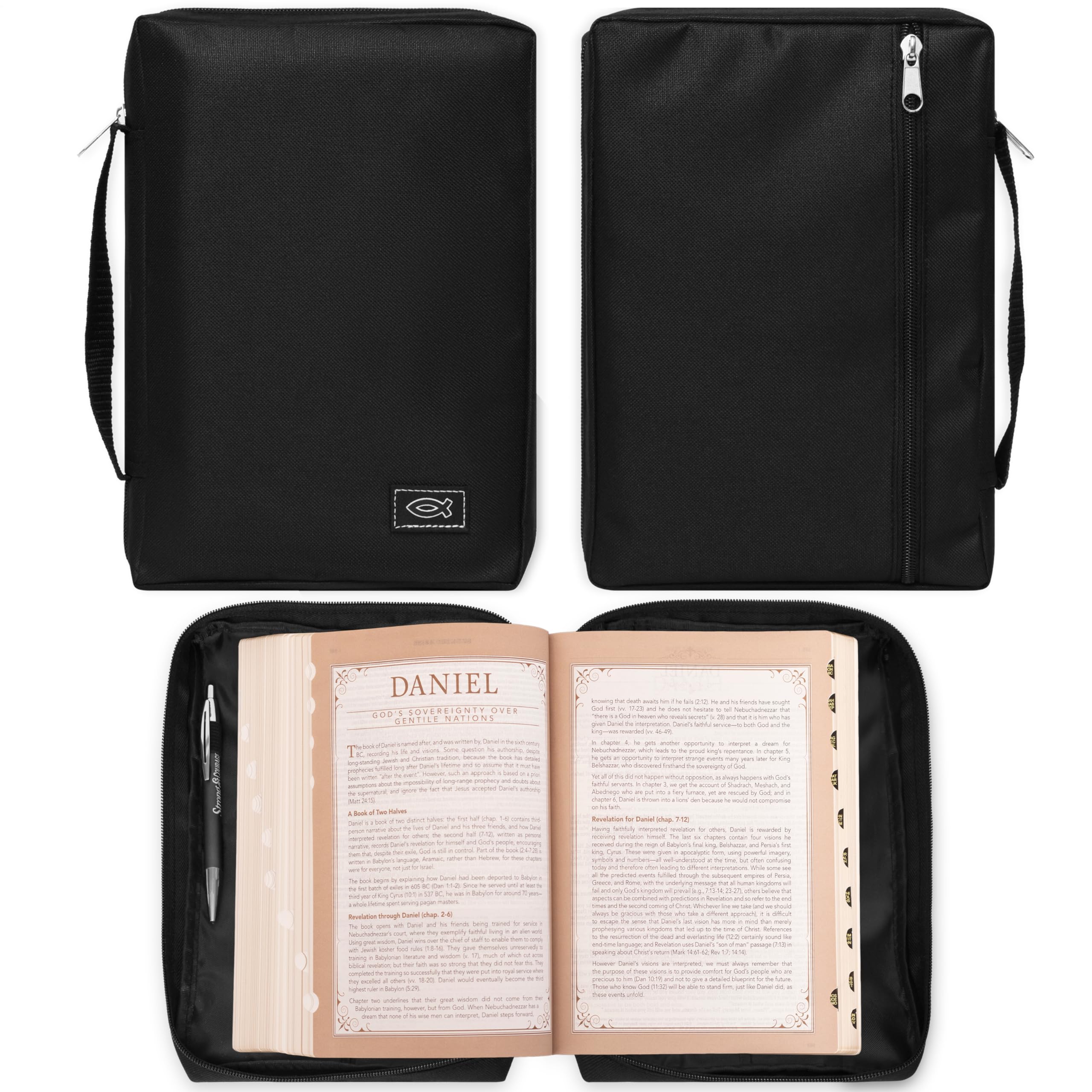 Christian Art Gifts Men Or Women'S Bible Cover Secure Zipper Jesus Fish, Black Canvas, Large