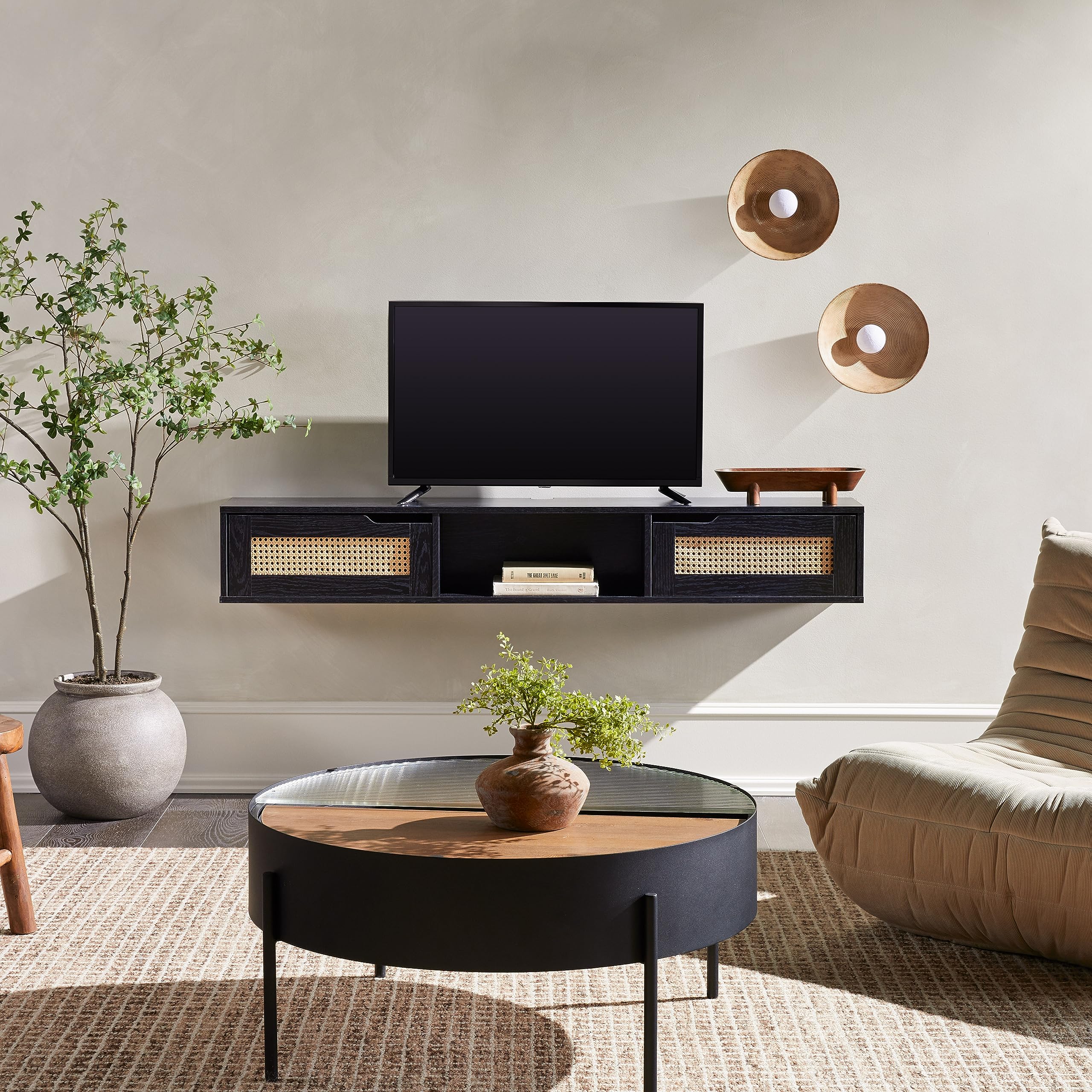 Walker Edison Modern Rattan Flip-Down-Door Wall-Mounted Floating Stand For Tvs Up To 65 Inche, 58 Inch, Black