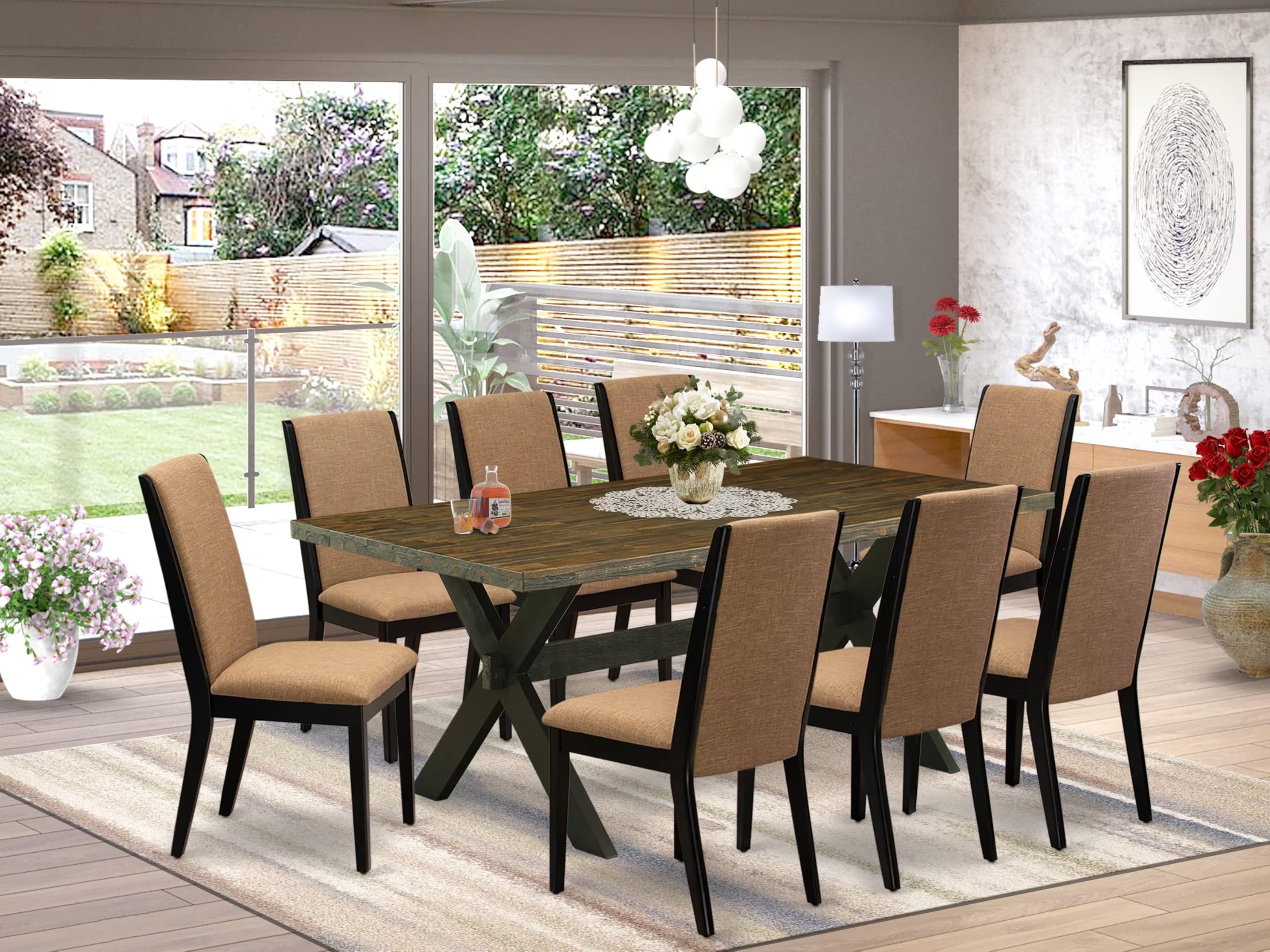 East West Furniture X677La147-9 9 Piece Dining Room Furniture Set Includes A Rectangle Dining Table With X-Legs And 8 Light Sable Linen Fabric Upholstered Chairs, 40X72 Inch, Multi-Color