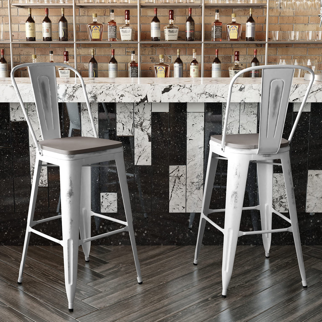 Flash Furniture Carly Commercial Grade 30" High White Metal Indoor-Outdoor Bar Height Stool with Back and Gray Polystyrene Seat