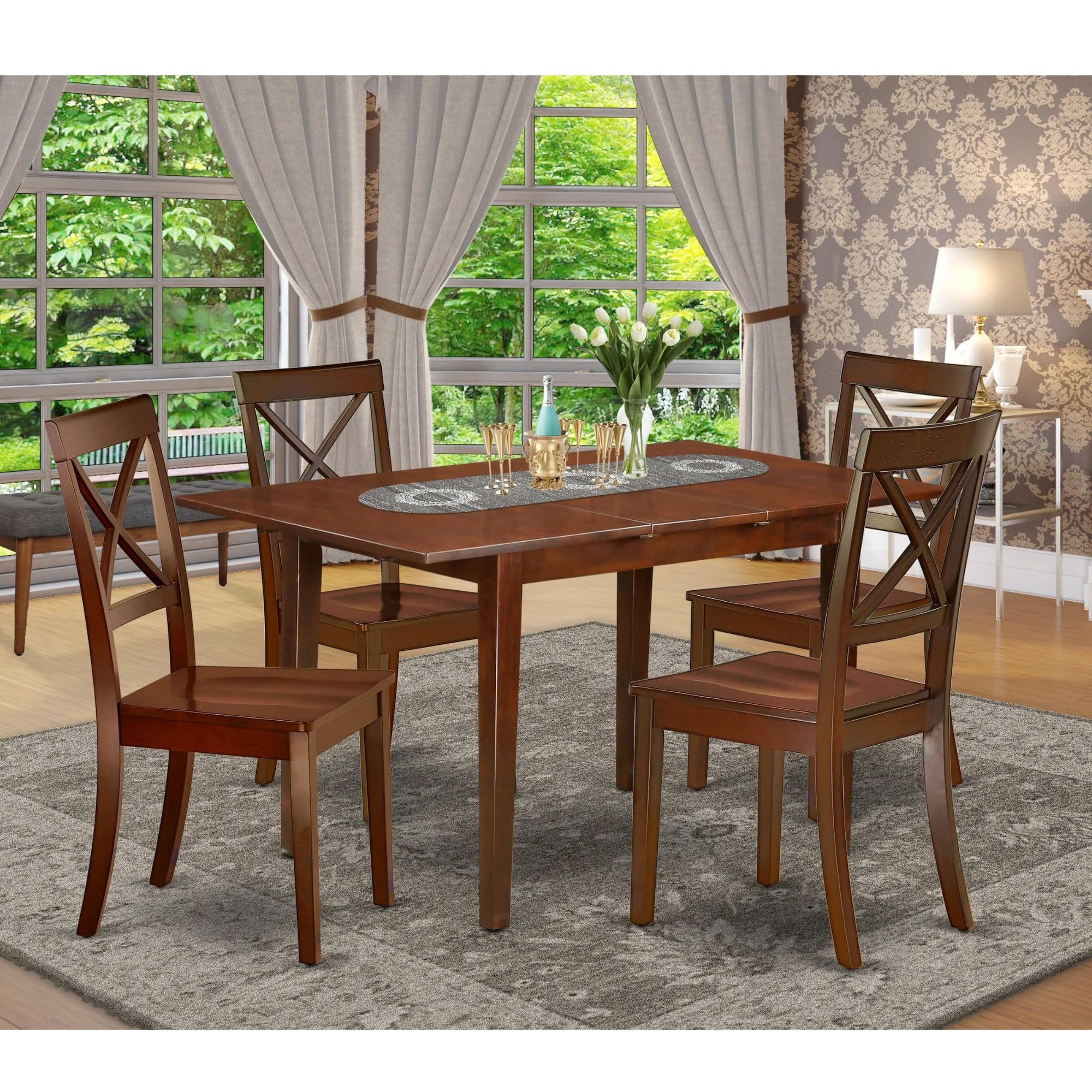East West Furniture Nobo5-Mah-W 5 Piece Dining Table Set For 4 Includes A Rectangle Kitchen Table With Butterfly Leaf And 4 Dinette Chairs, 32X54 Inch, Mahogany