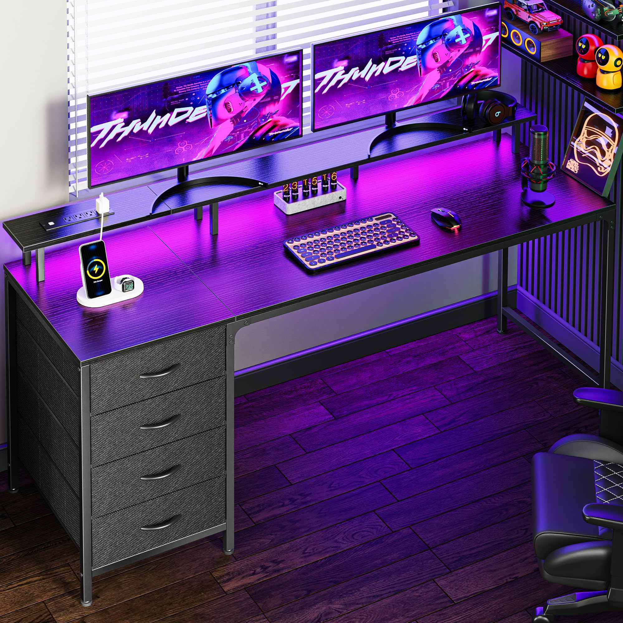 Huuger 63 Inch Computer Desk With Power Outlets And Led Lights, Gaming Desk With 4 Drawers, Office Desk With Monitor Stand, Study Desk Work Desk For Home Office, Black
