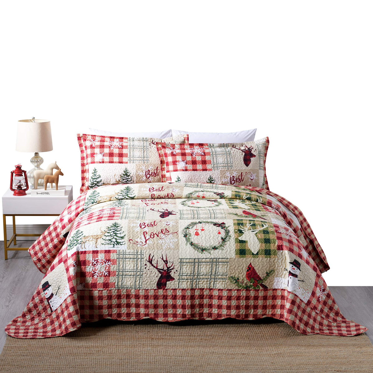 Tt Linens 3 Piece Rustic Lodge Deer Quilt Christmas Quilt Quilted Bedspread Printed Quilt Quilt Set Bedding Throw Blanket Coverl