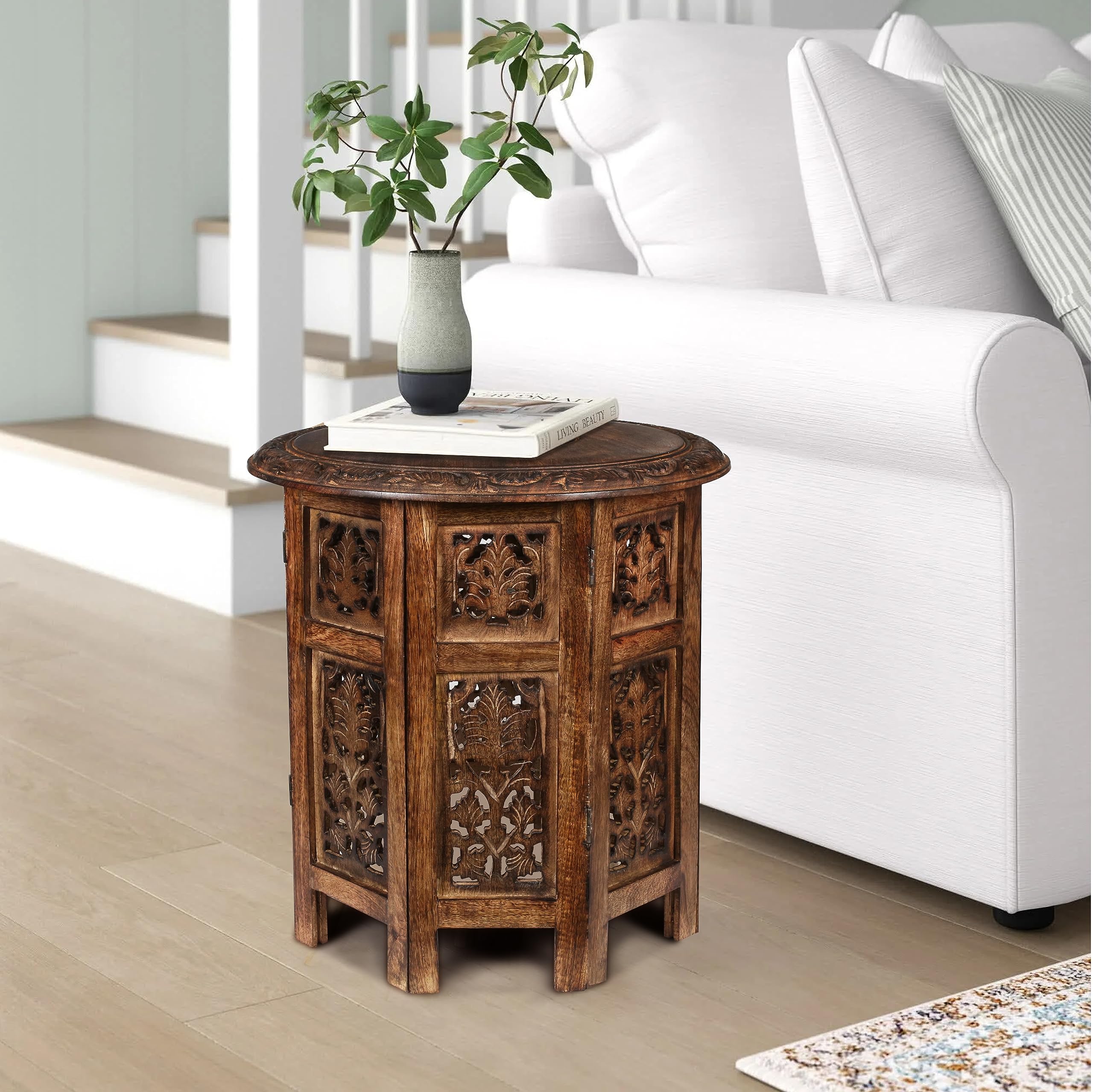 Handcrafted Wooden Round Side Table - Farmhouse Coffee Table  Vintage Accent End Table With Intricate Carvings For Living Room  Bedroom  Entryway  Hallway  Patio D?Cor  Home & Office - 18 Inch Burnt -Like New
