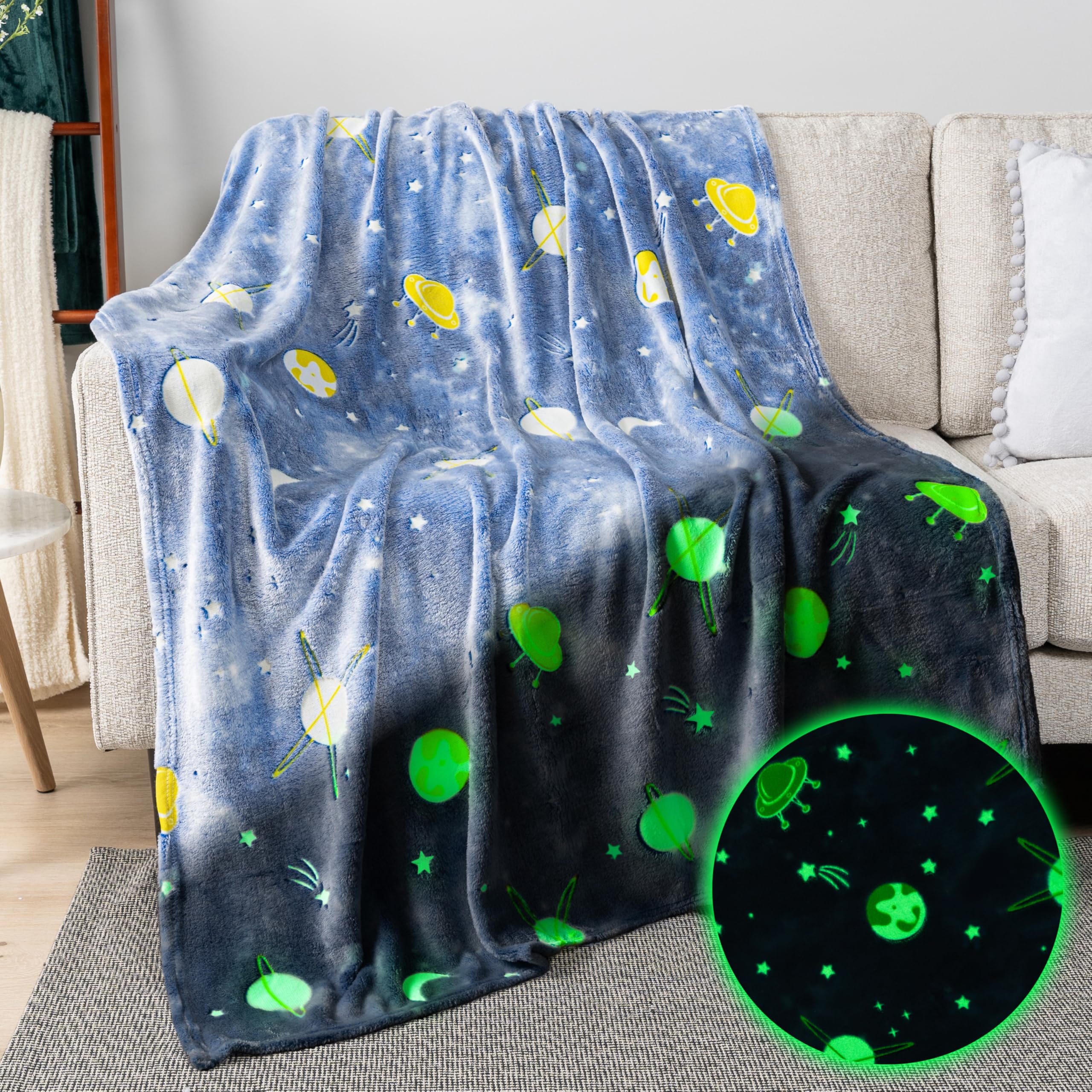 Pavilia Glow In The Dark Blanket, Space Planet Gift For Girls Boys, Toy Blanket For 1 2 3 4 5 6 7 8 9 10 Year Old Boy, Soft Plus