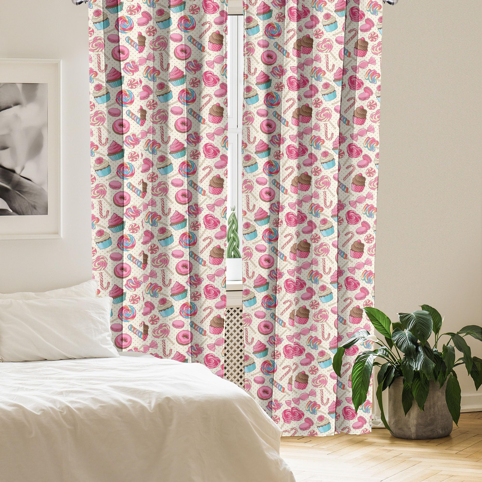 Ambesonne Candy Cane Window Curtains, Yummy Lollipop Candy Macaroon Cupcake And Donut On Polka Dots Pattern, Lightweight Decor 2