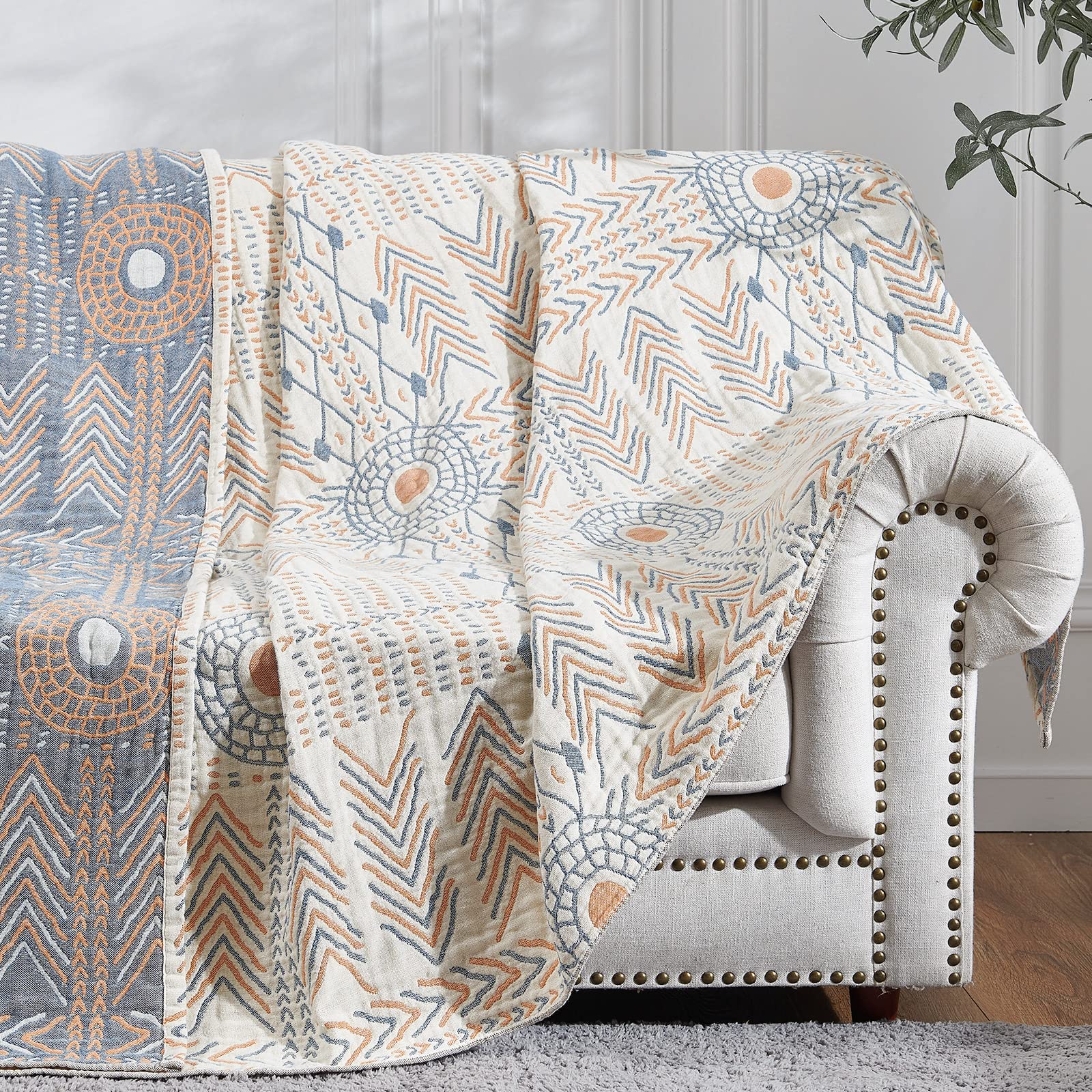 Jinchan Boho 100% Cotton Blanket Fall Muslin 50'X60' Lightweight 4-Layer Reversible Throw Blanket For Couch Soft Cozy Blanket