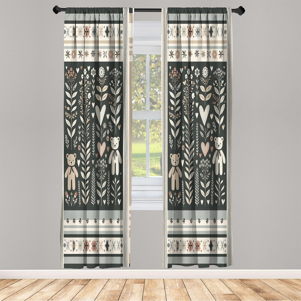Ambesonne Neutral Window Curtains, Cartoonish Bears Nordic Scandi Themed Leaves Botanical Hearts Minimal Tones, Lightweight Deco