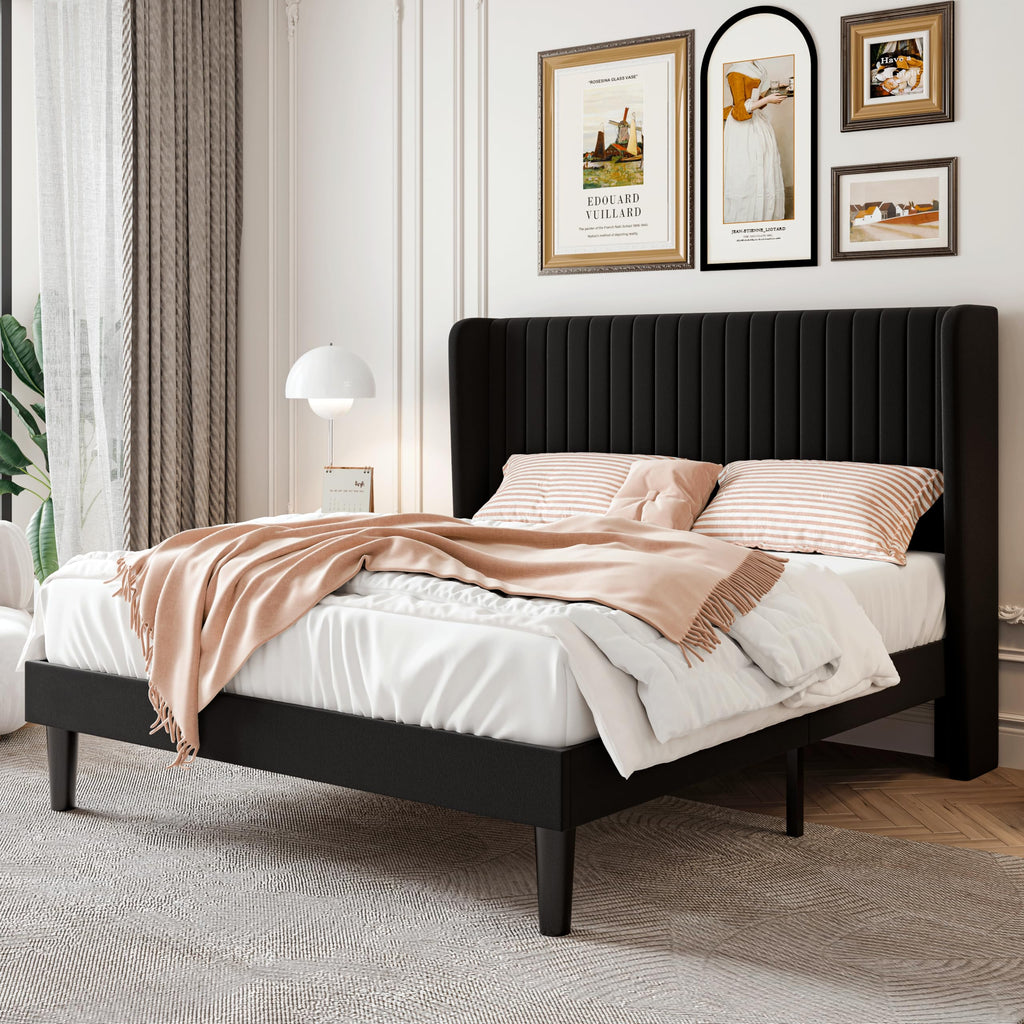 Sha Cerlin Full Size Velvet Bed Frame With Vertical Channel Tufted Wingback Headboard, Upholstered Platform Bed With Wood Slats, No Box Spring Needed, Easy Assembly, Black
