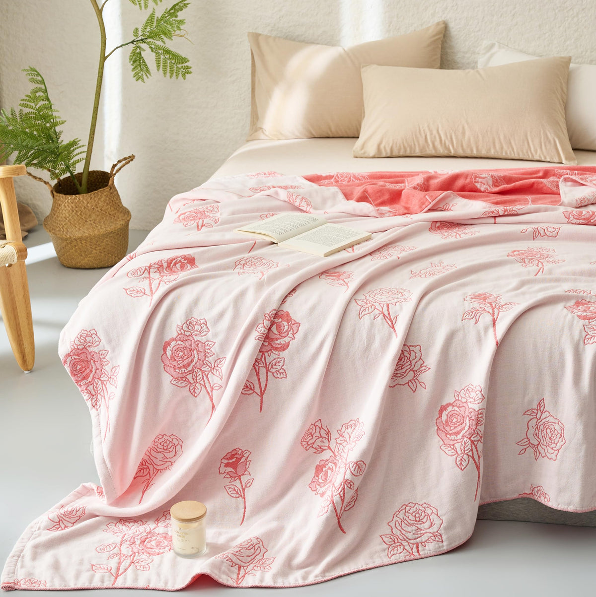 Scientific Sleep Rose Pink White Flower 100% Cotton Muslin Blanket Throw Cover For Bed Couch Sofa Cozy Soft Reversible Bedding B