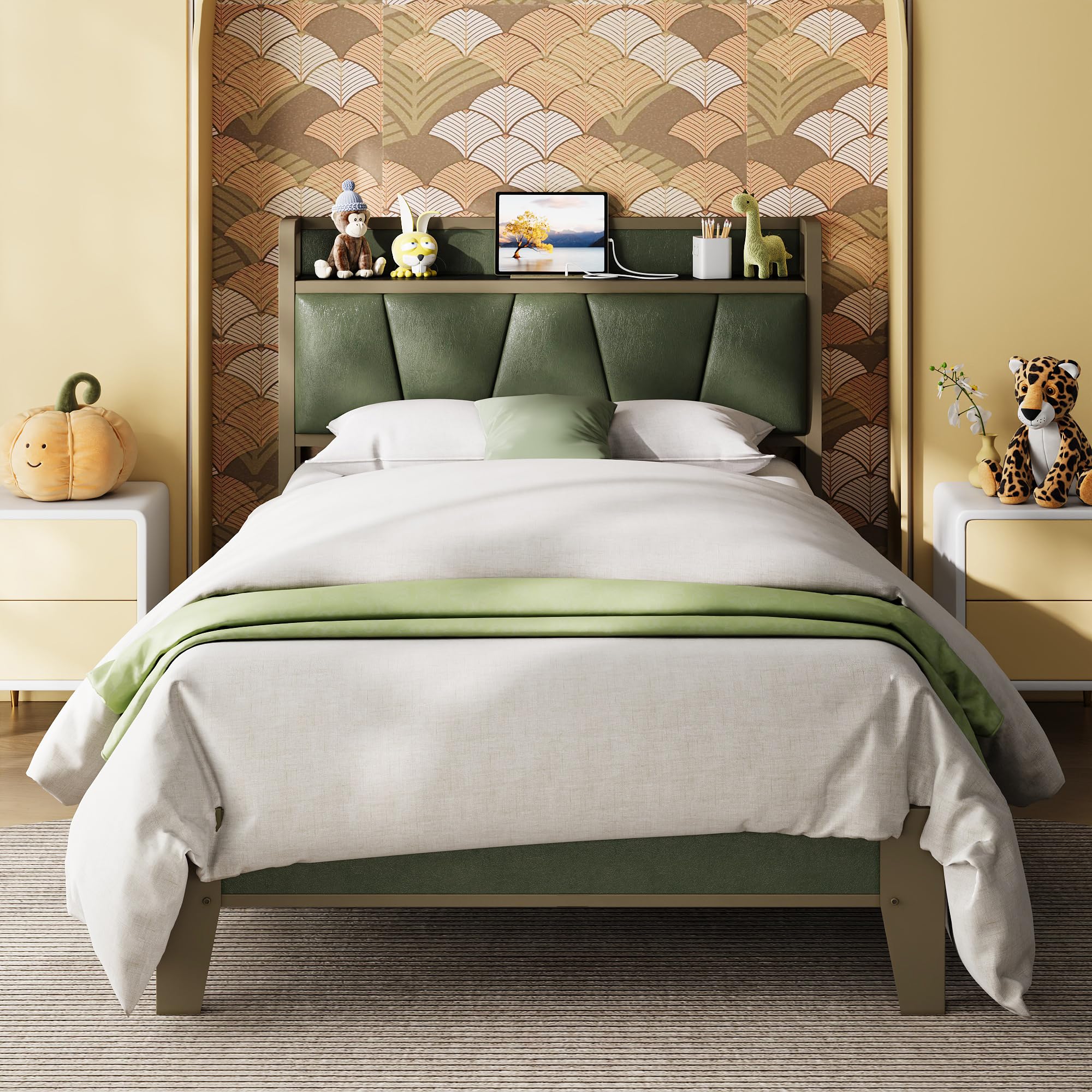 Likimio Twin Xl Bed Frame, Storage Headboard With Charging Station, Solid And Stable, Noise Free, No Box Spring Needed, Easy Assembly (Dark Green)